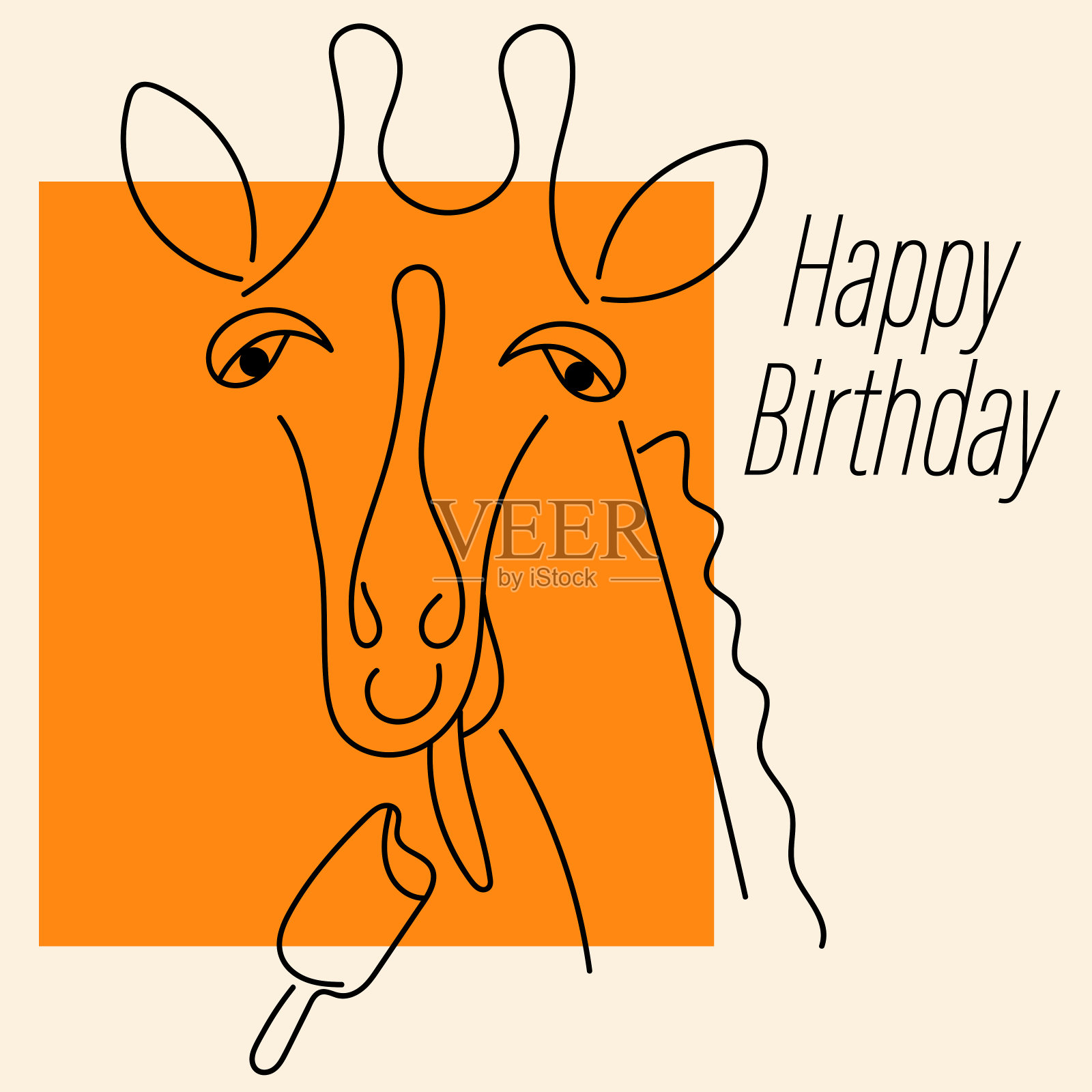 一张长颈鹿舔冰棒的贺卡。生日快乐文本。线条风格,有趣的长颈鹿孤立在白色的背景。插画图片素材