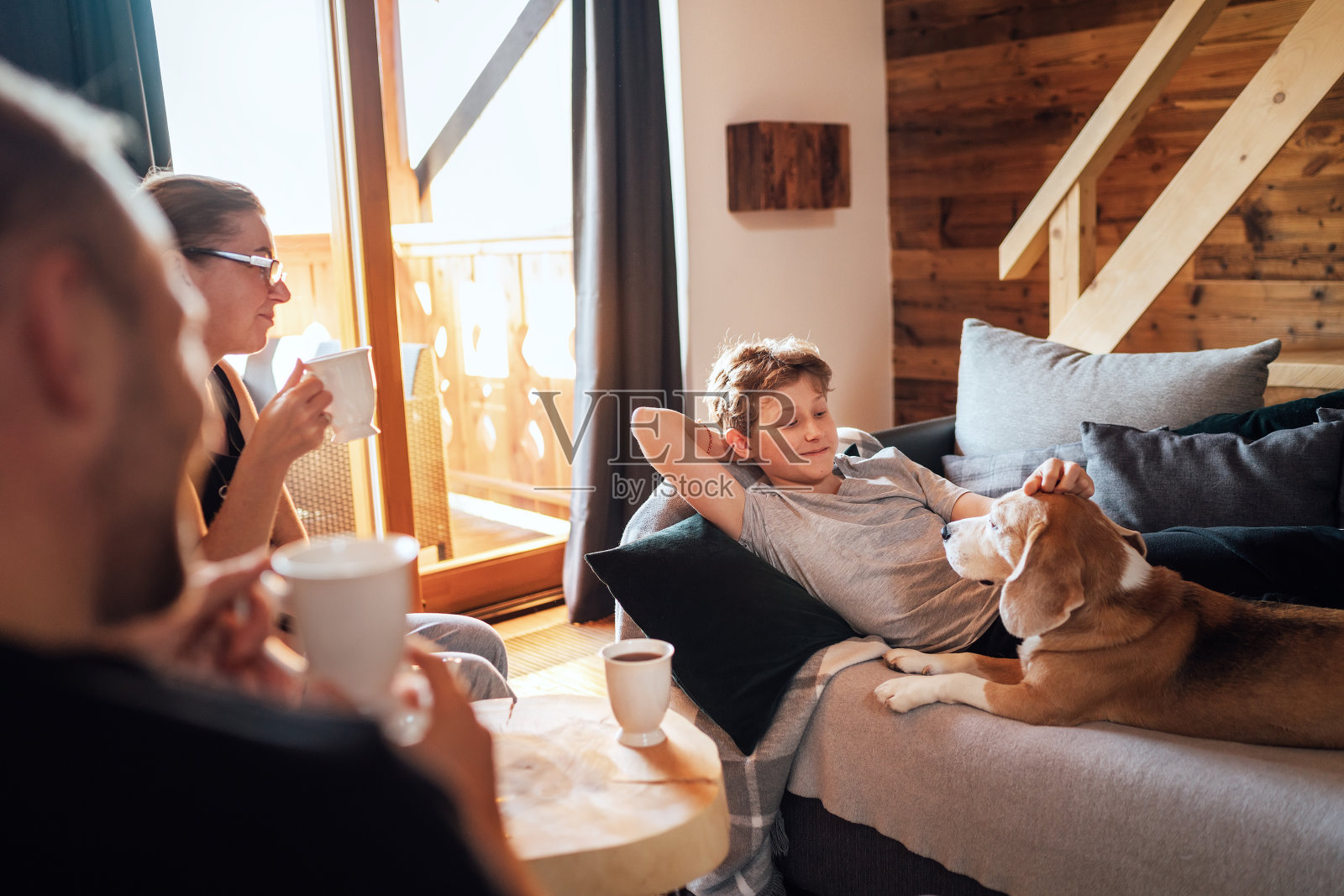 温馨家庭茶时光:父母和儿子与比格犬照片摄影图片