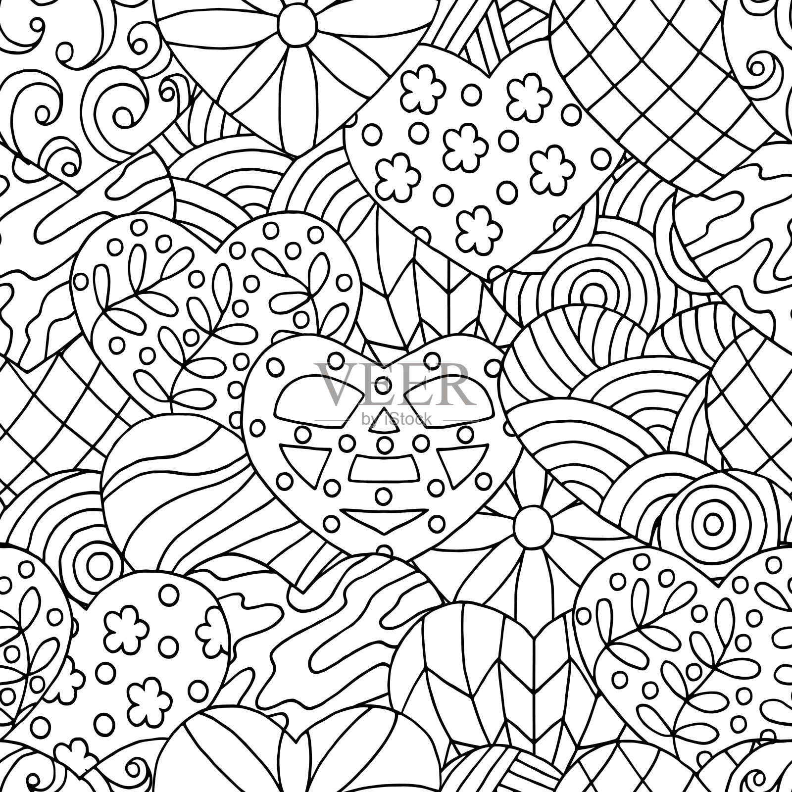 矢量抽象无缝图案手绘涂鸦心,着色页插画图片素材