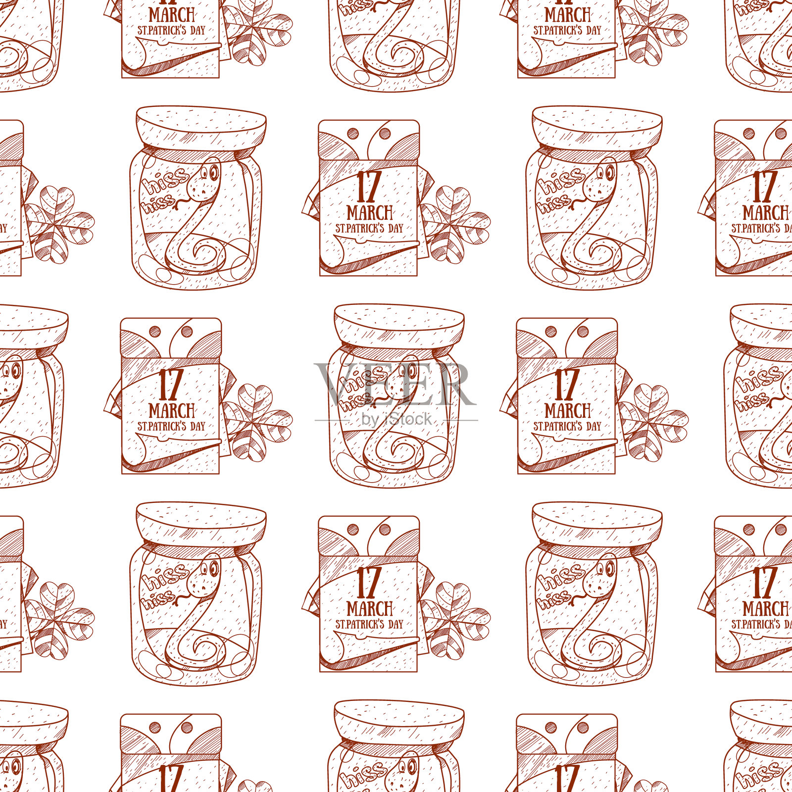 无缝图案与蛇在玻璃罐和撕日历,3月17日插画图片素材