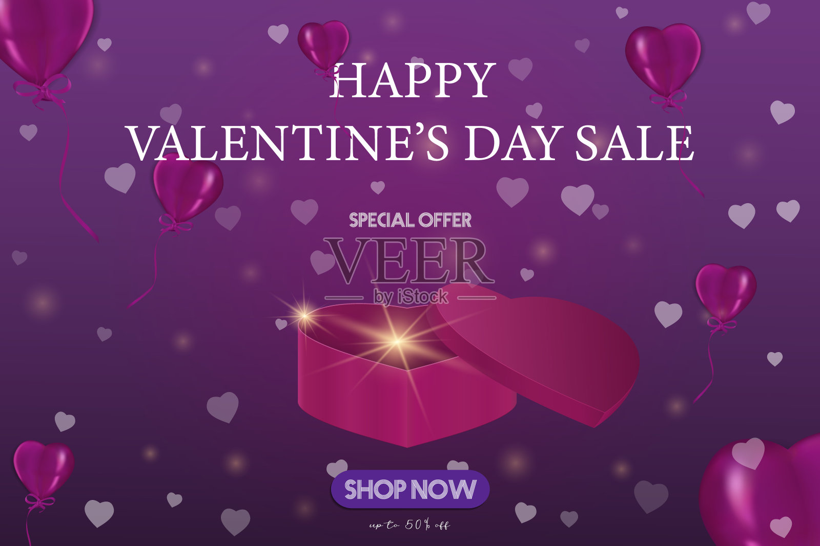 情人节优惠横幅背景快乐。情人节礼物传单,广告折扣。折扣价格矢量插图与模糊的心装饰,为邀请,壁纸,网页插画图片素材