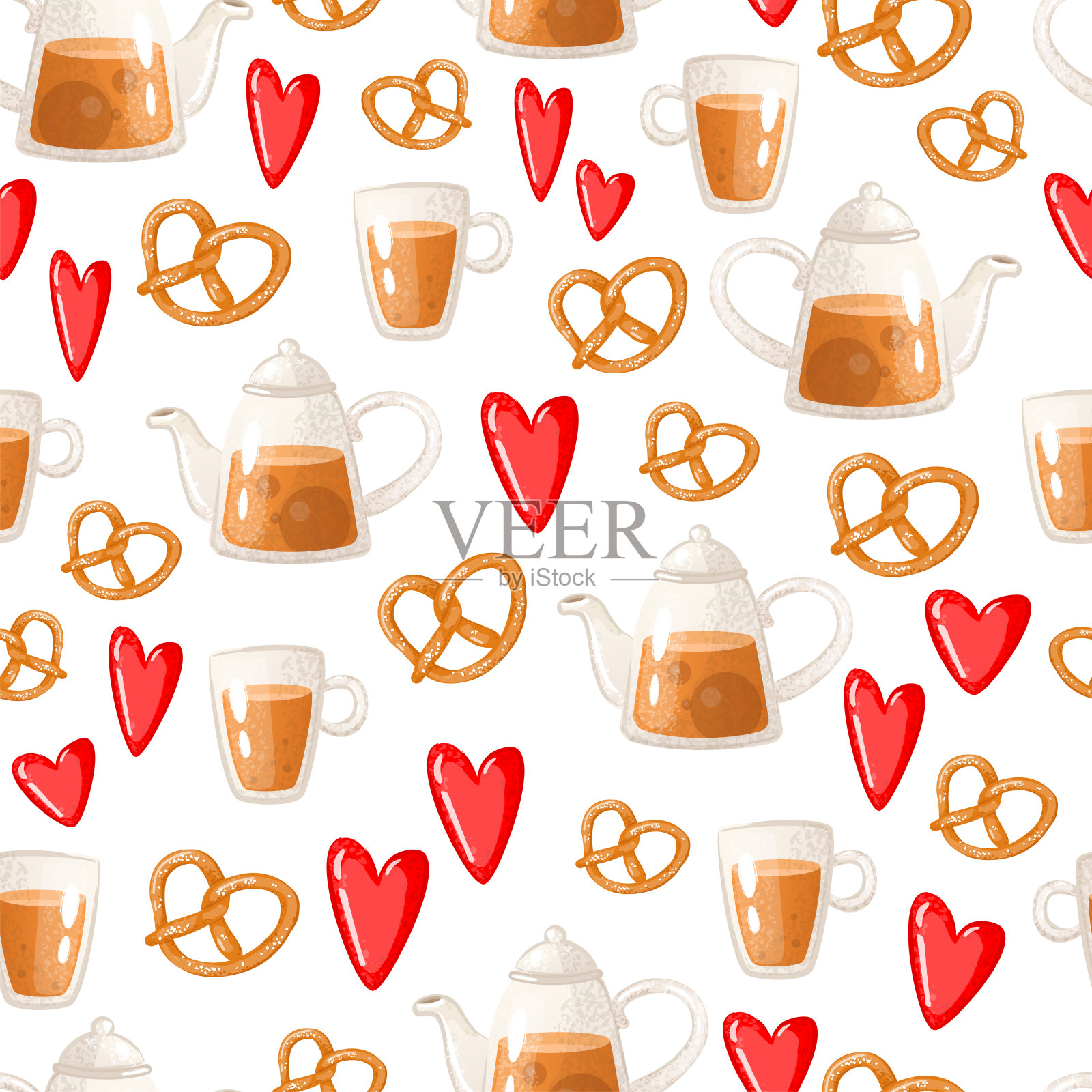 可爱的无缝图案与茶具和红心在白色的背景。矢量插图。插画图片素材