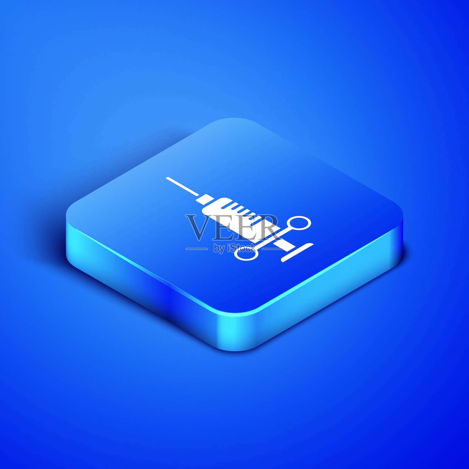 等距牙科医疗注射器,蓝色背景上有孤立的针形图标。蓝色方块按钮。矢量图设计元素图片