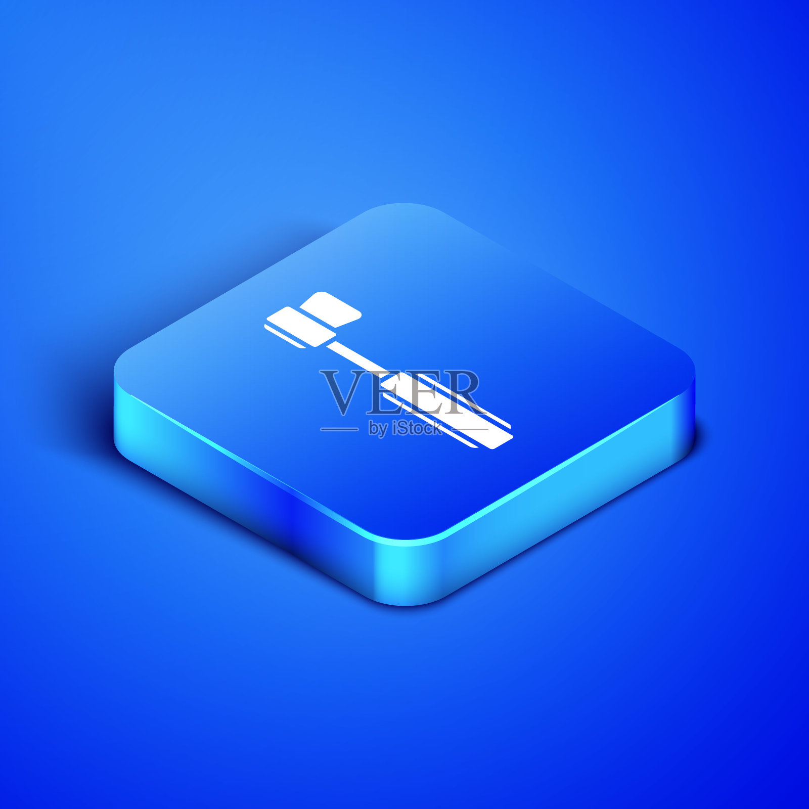 牙刷图标隔离在蓝色背景。蓝色方块按钮。矢量图图标素材