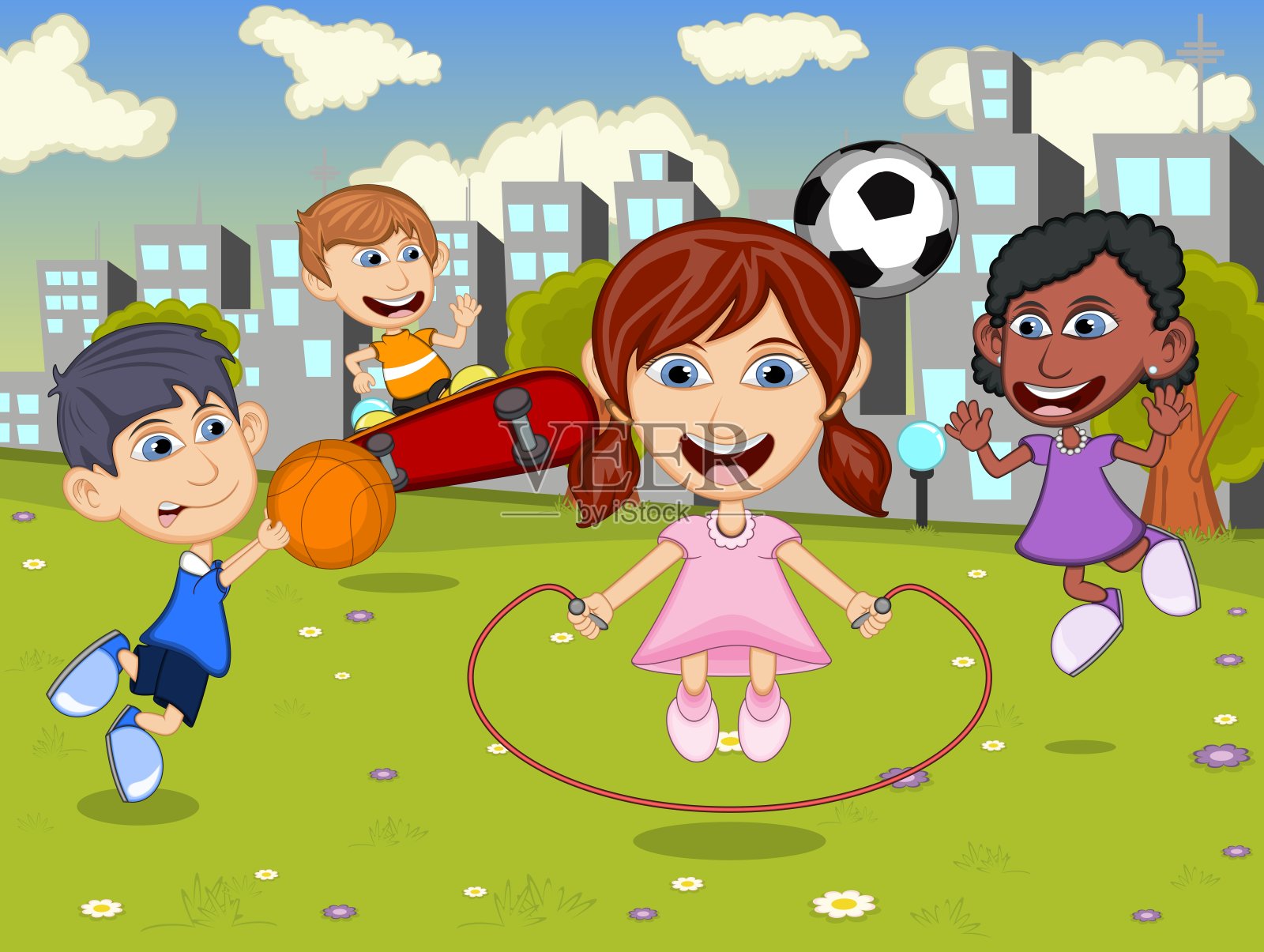 快乐的小朋友在城市的操场上玩耍卡通形象插图插画图片素材