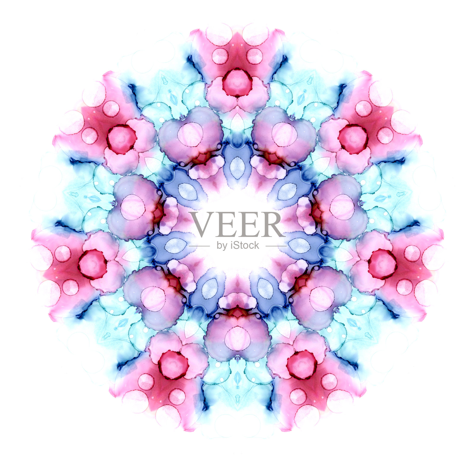 彩色水彩花曼荼罗孤立在白色的背景。万花筒效果。照片摄影图片