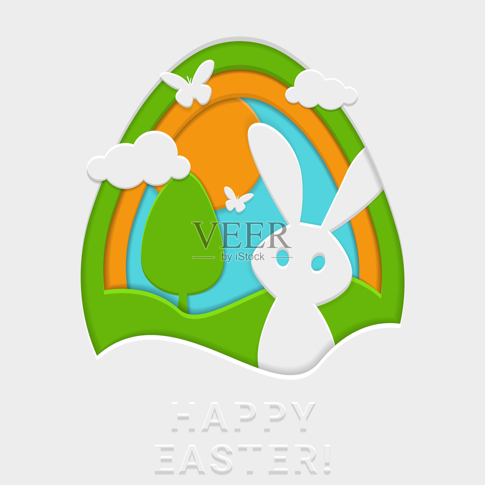 复活节场景卡背景兔子,树和蝴蝶。剪纸风格插图插画图片素材