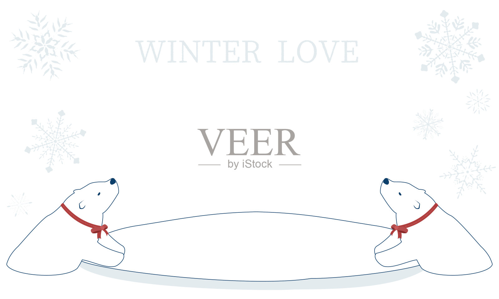 北极熊用红丝带,雪花插画图片素材