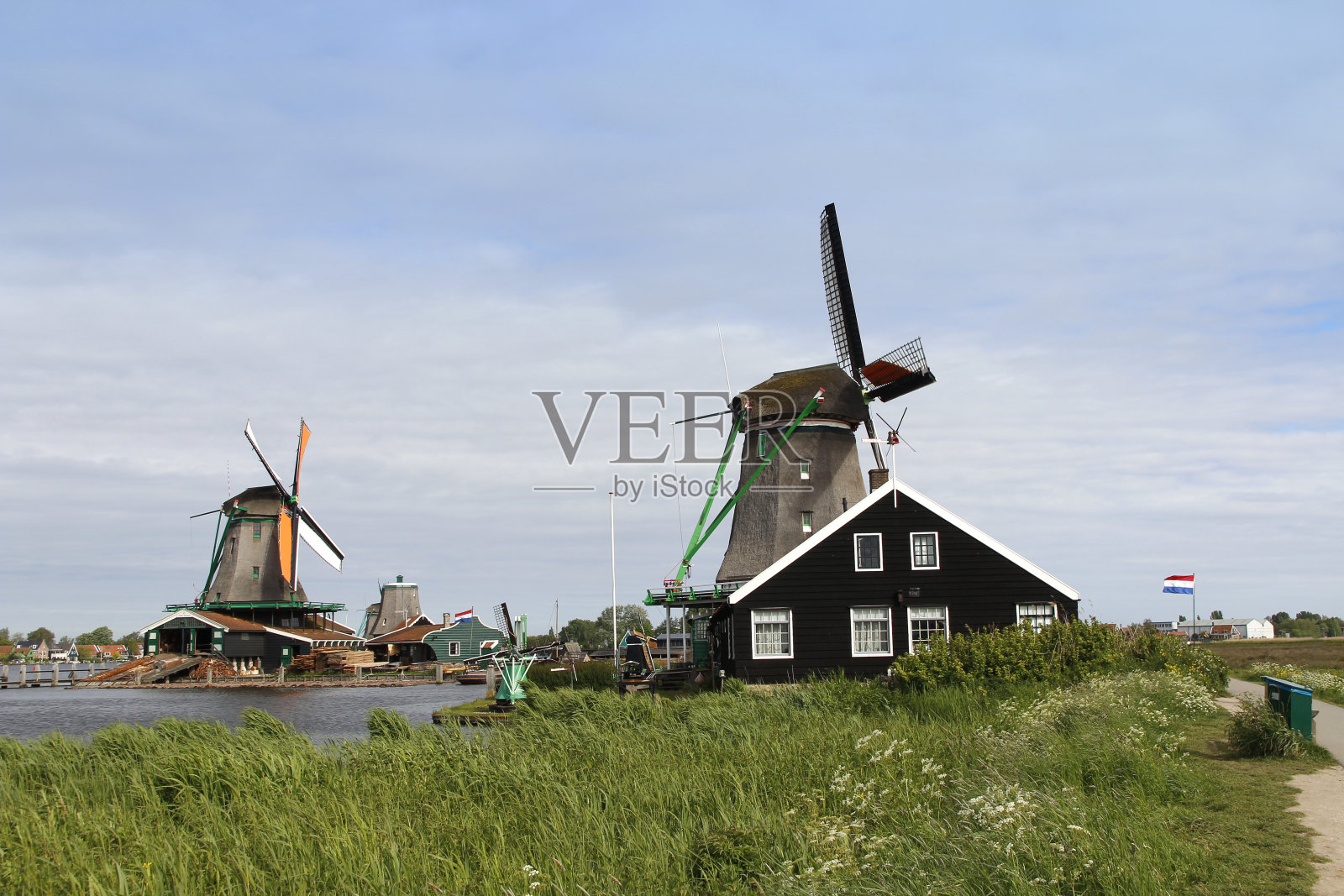 春天沿着运河观赏传统的荷兰风车照片摄影图片