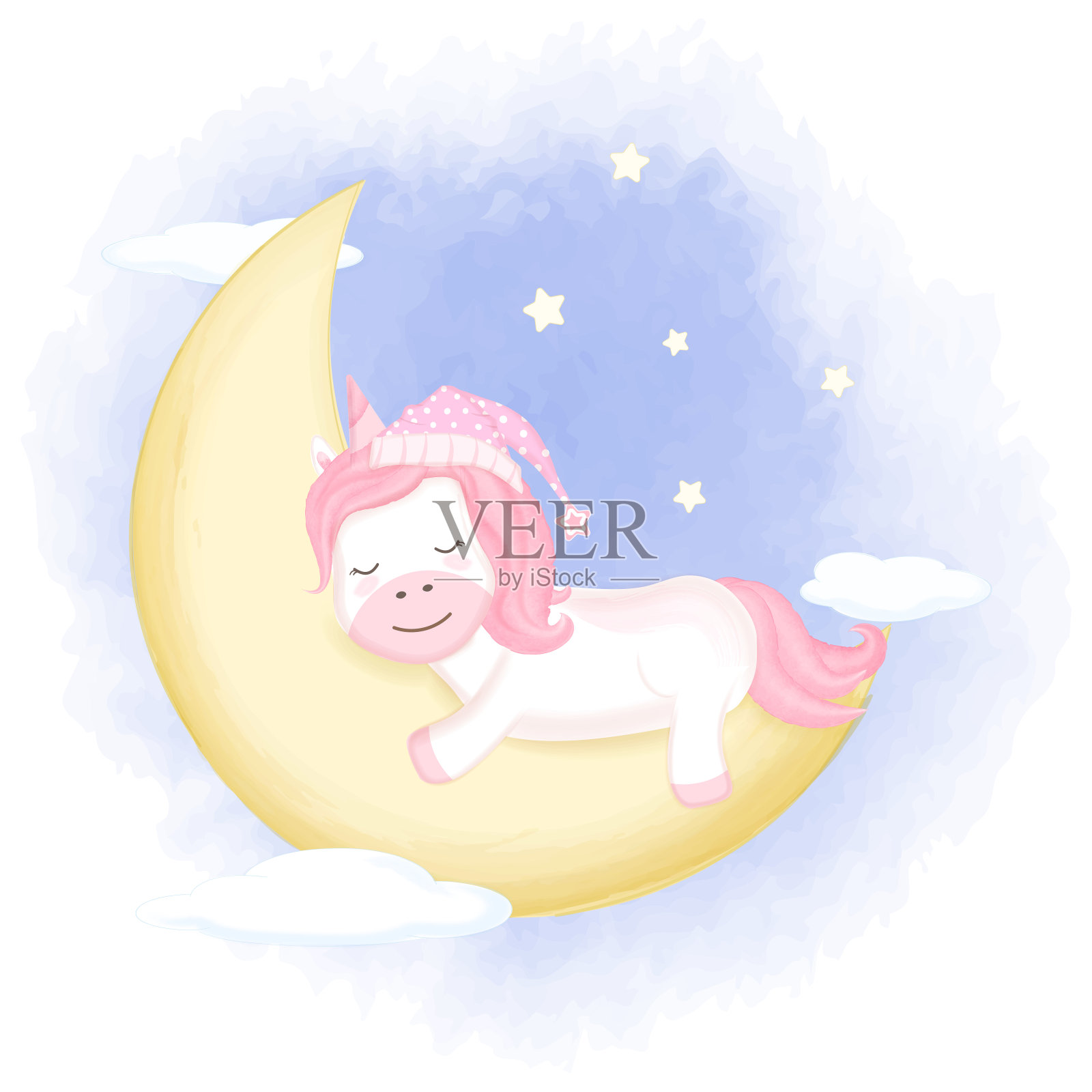 可爱的独角兽睡着在新月手绘卡通动物插图水彩画插画图片素材