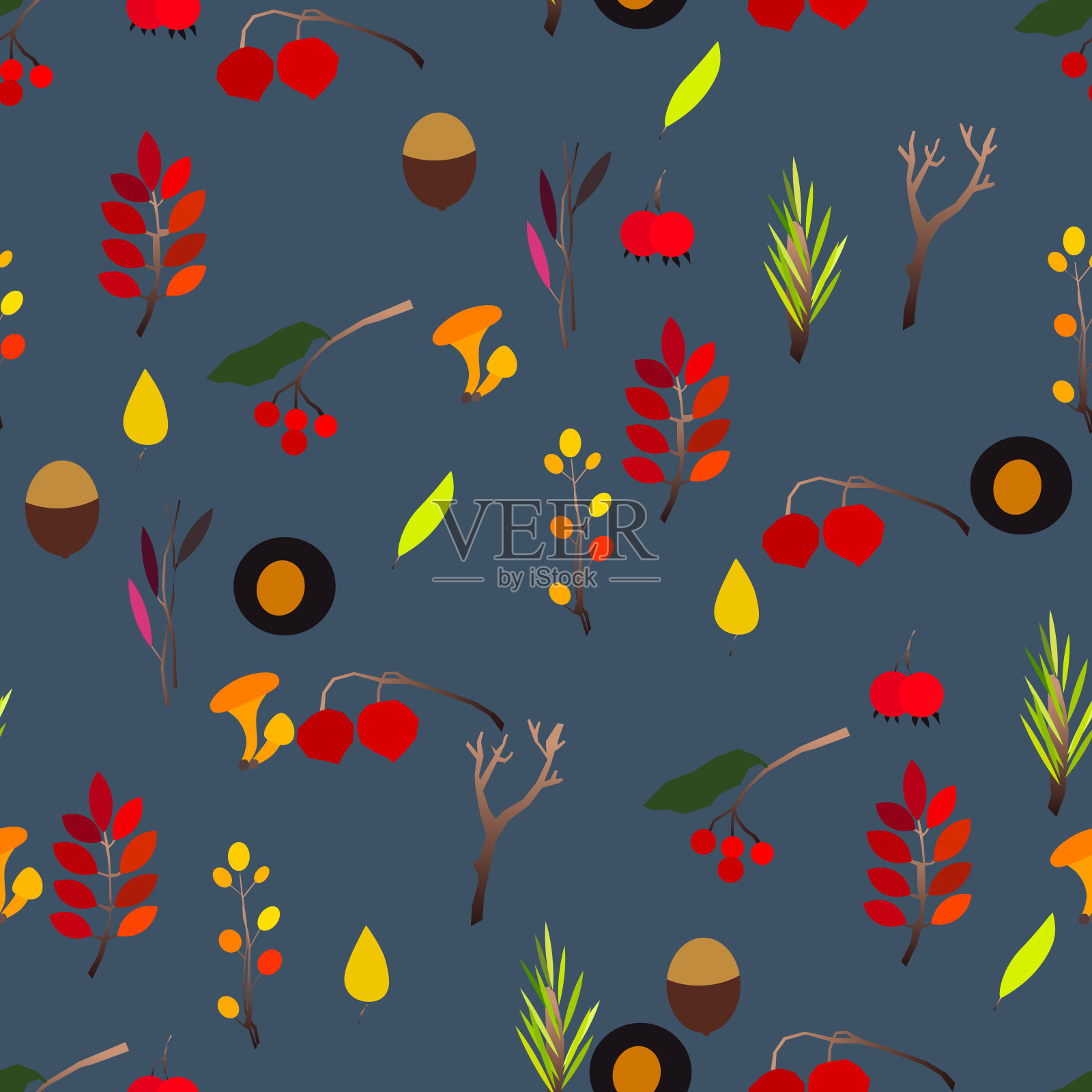 秋向量无缝模式与浆果,橡子,松果,蘑菇,树枝和树叶。插画图片素材