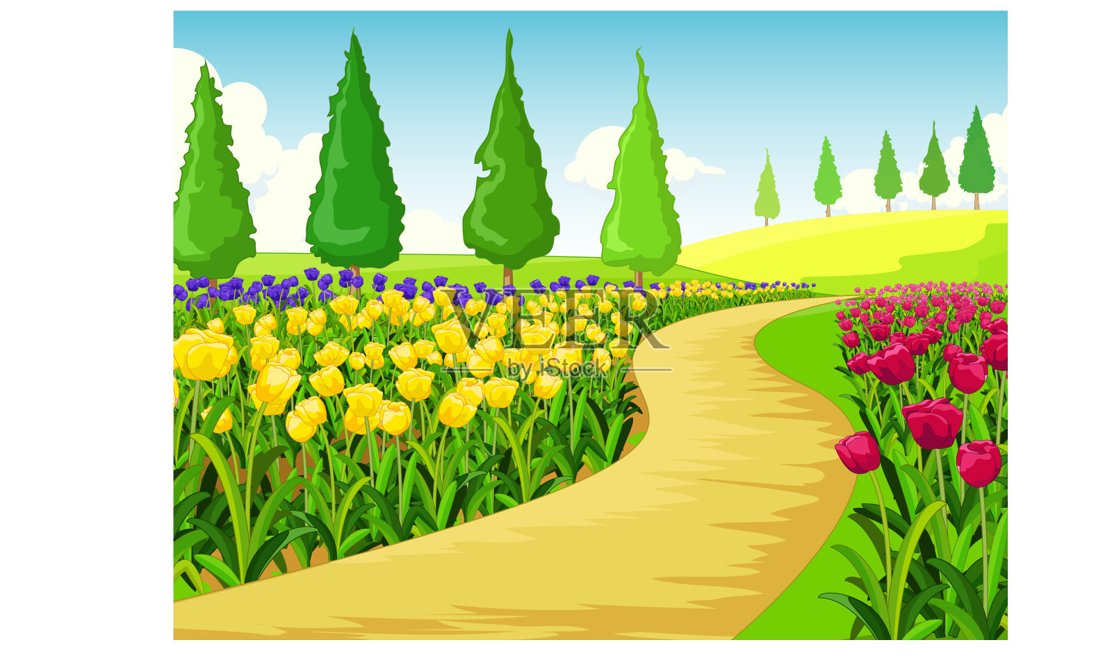 美丽的花园地与草山和树木卡通插画图片素材