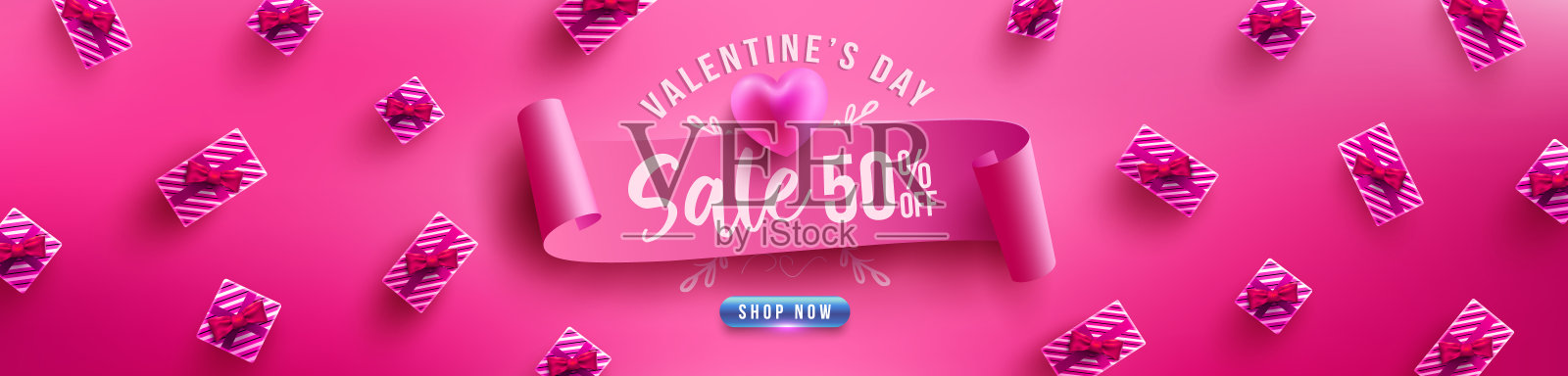 情人节促销海报或banner,粉色背景上的精美礼品,爱与情人节促销购物模板或背景,矢量图eps 10设计模板素材