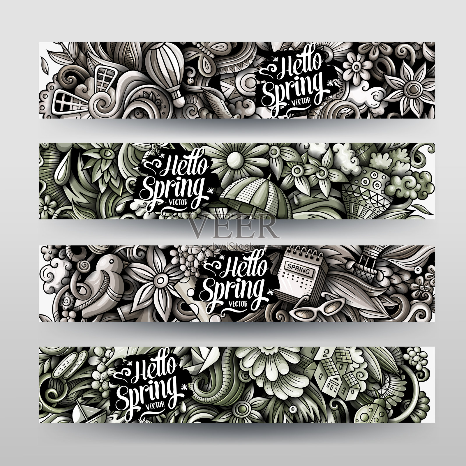 卡通可爱的彩色矢量手绘涂鸦春季横幅设计模板素材