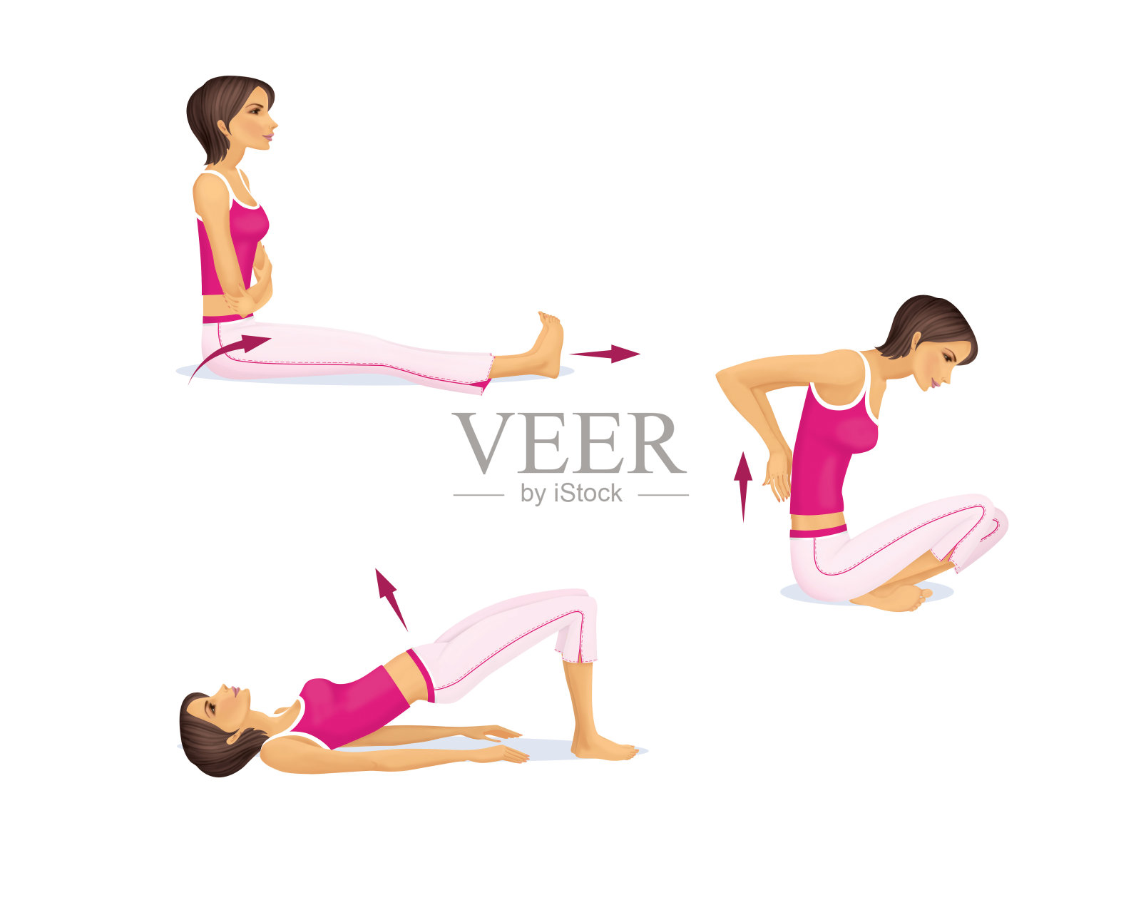 女人在做伸展腿的运动。女人做运动来增强腿部肌肉。伸展锻炼背部肌肉,肩膀,手臂。现实的形象。孤立在白色背景上。插画图片素材