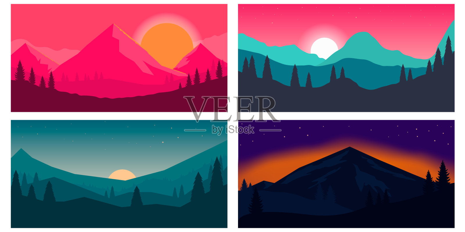 一套海报模板与野生山脉景观。设计元素的旗帜,传单,卡片。矢量图插画图片素材