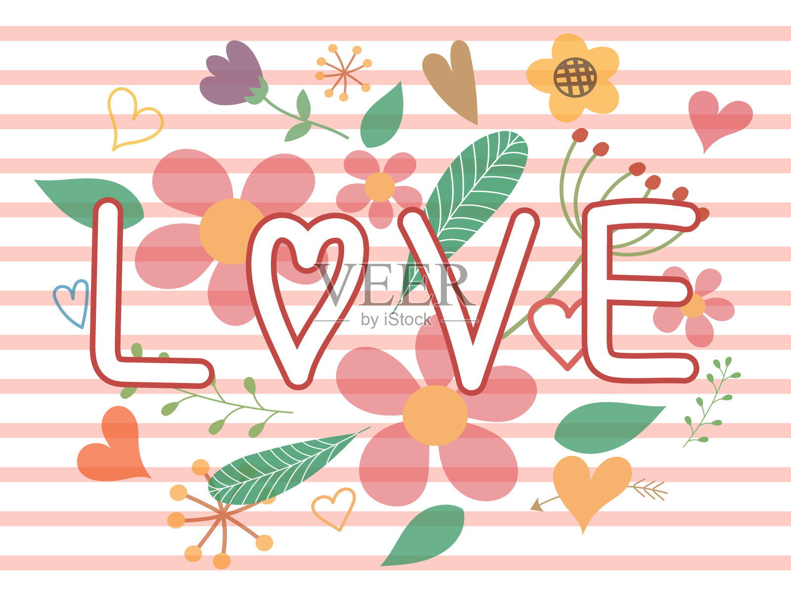 以鲜花为背景的甜蜜情人节卡片。情人节的壁纸是粉色和白色的条纹,上面写着爱,花朵和心形,象征着爱,看起来很可爱和浪漫。美丽的矢量艺术设计。插画图片素材