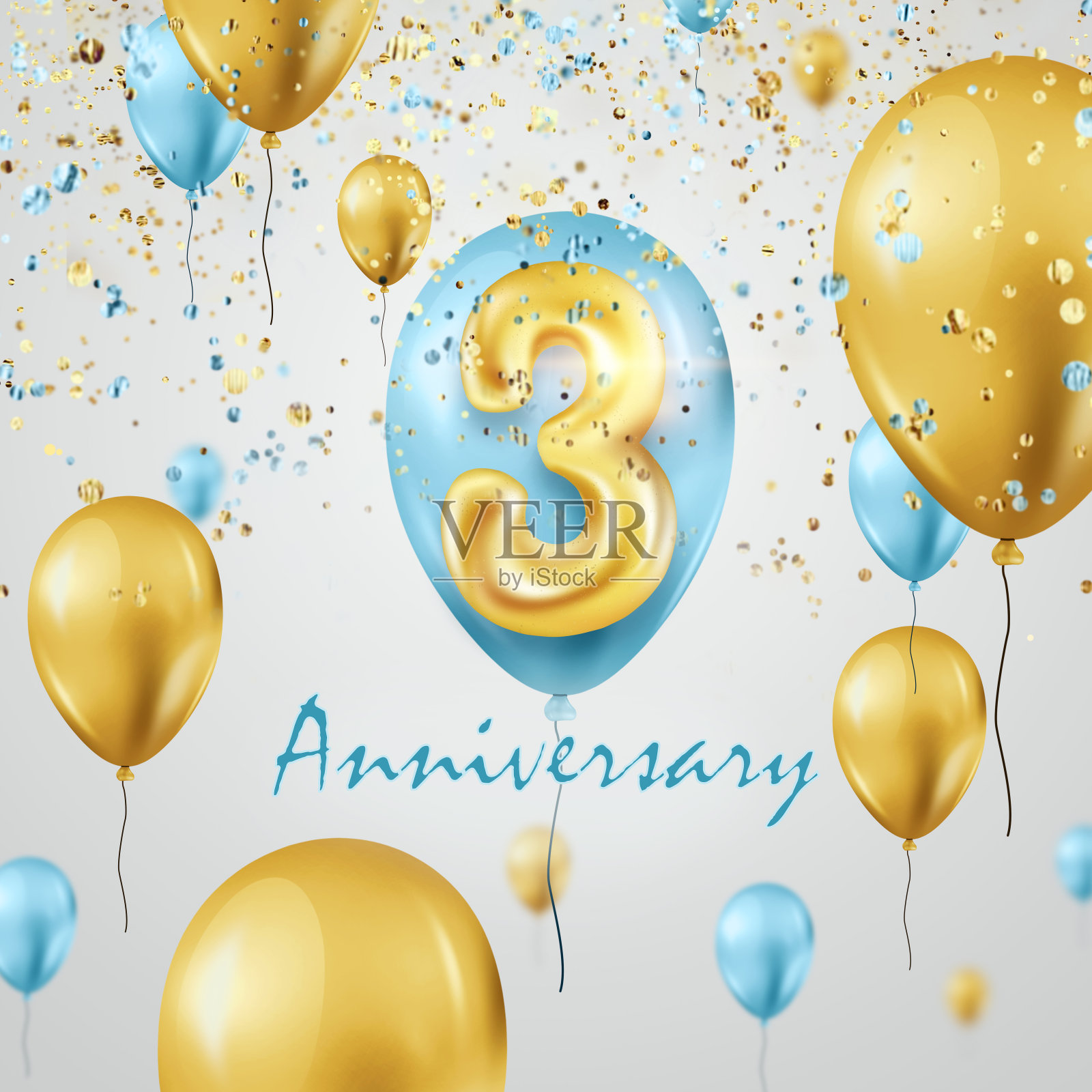 金色气球代表3周年庆典,金色和绿松石气球和五彩纸屑。庆祝模板,贺卡,节日模板,传单。3D插图,3D渲染照片摄影图片