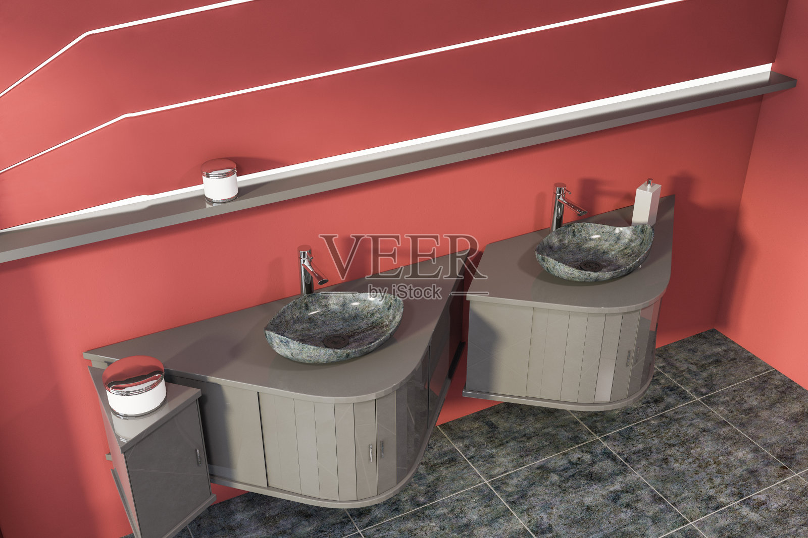 红色浴室双水槽俯视图照片摄影图片