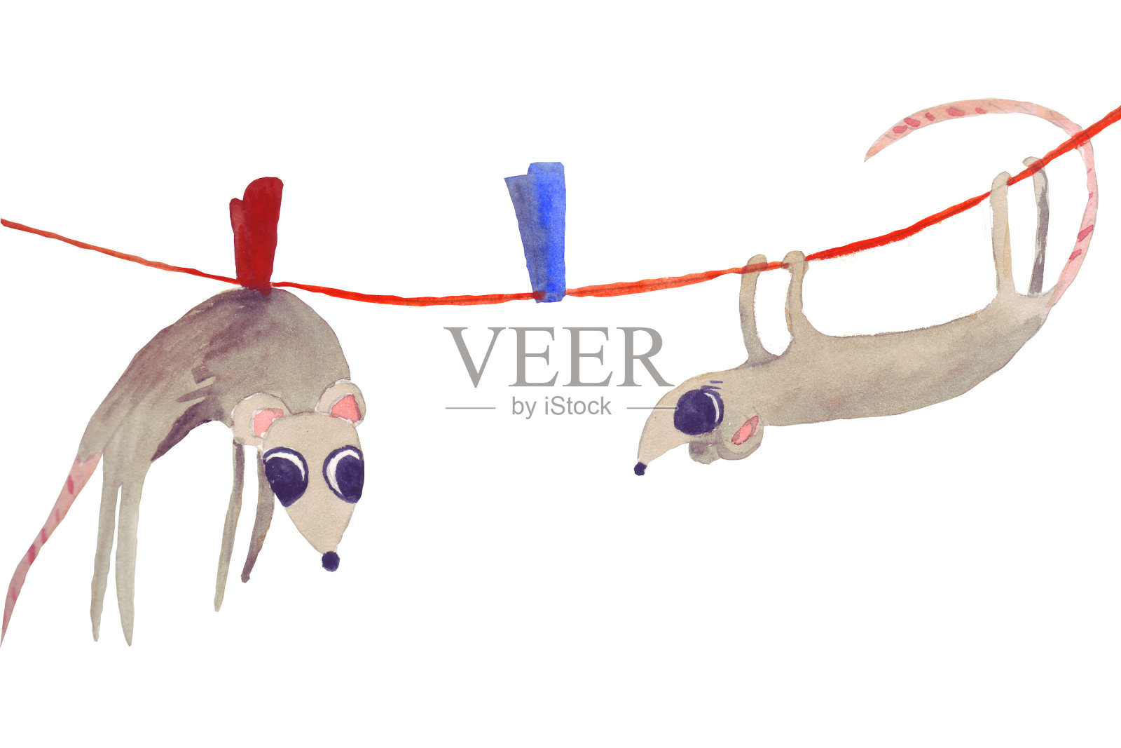 老鼠们洗澡洗漱后挂在绳子上晾干。插画图片素材