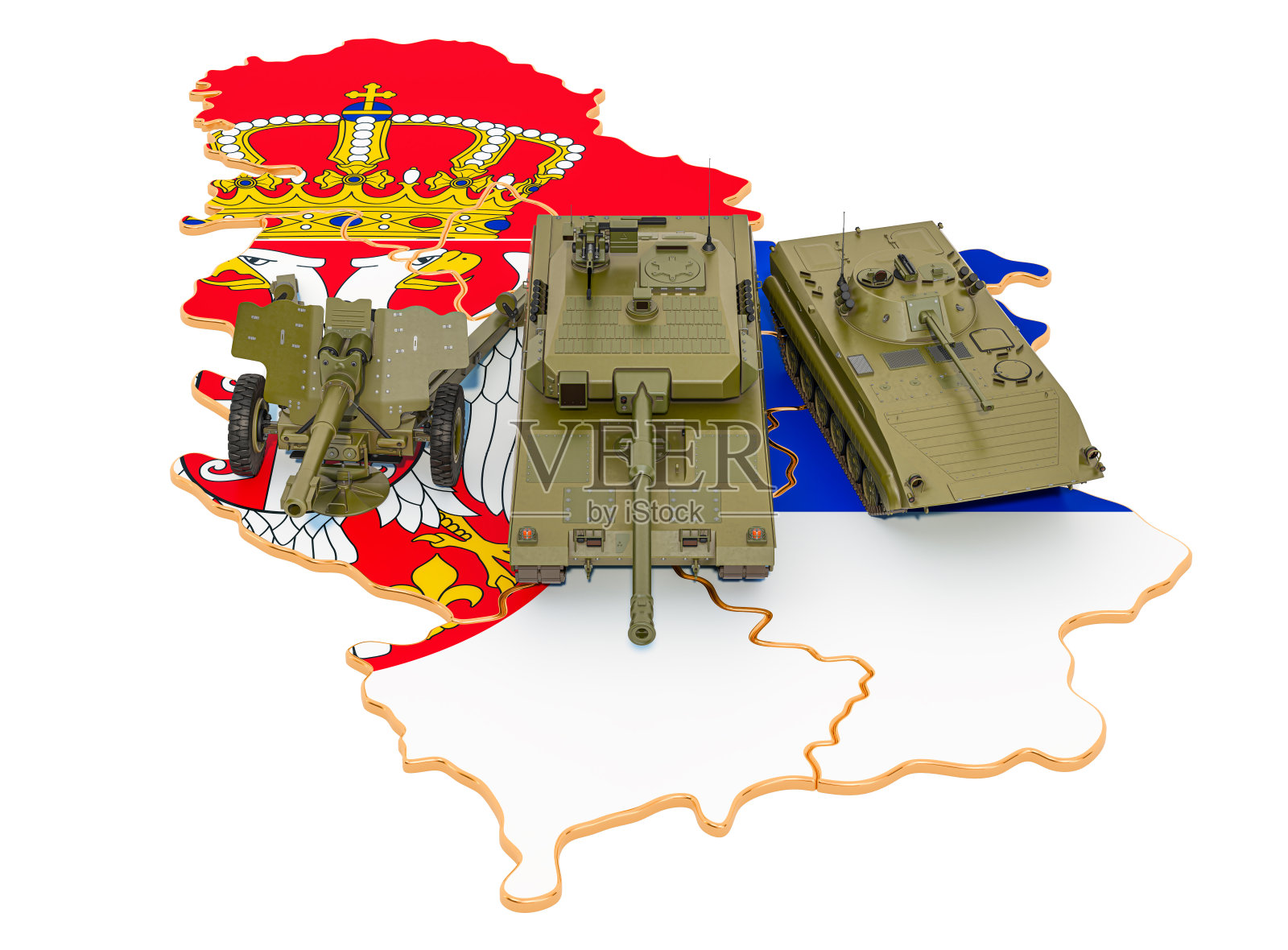 塞尔维亚地图上的战斗车辆。塞尔维亚的军事防御概念,3D渲染孤立的白色背景照片摄影图片