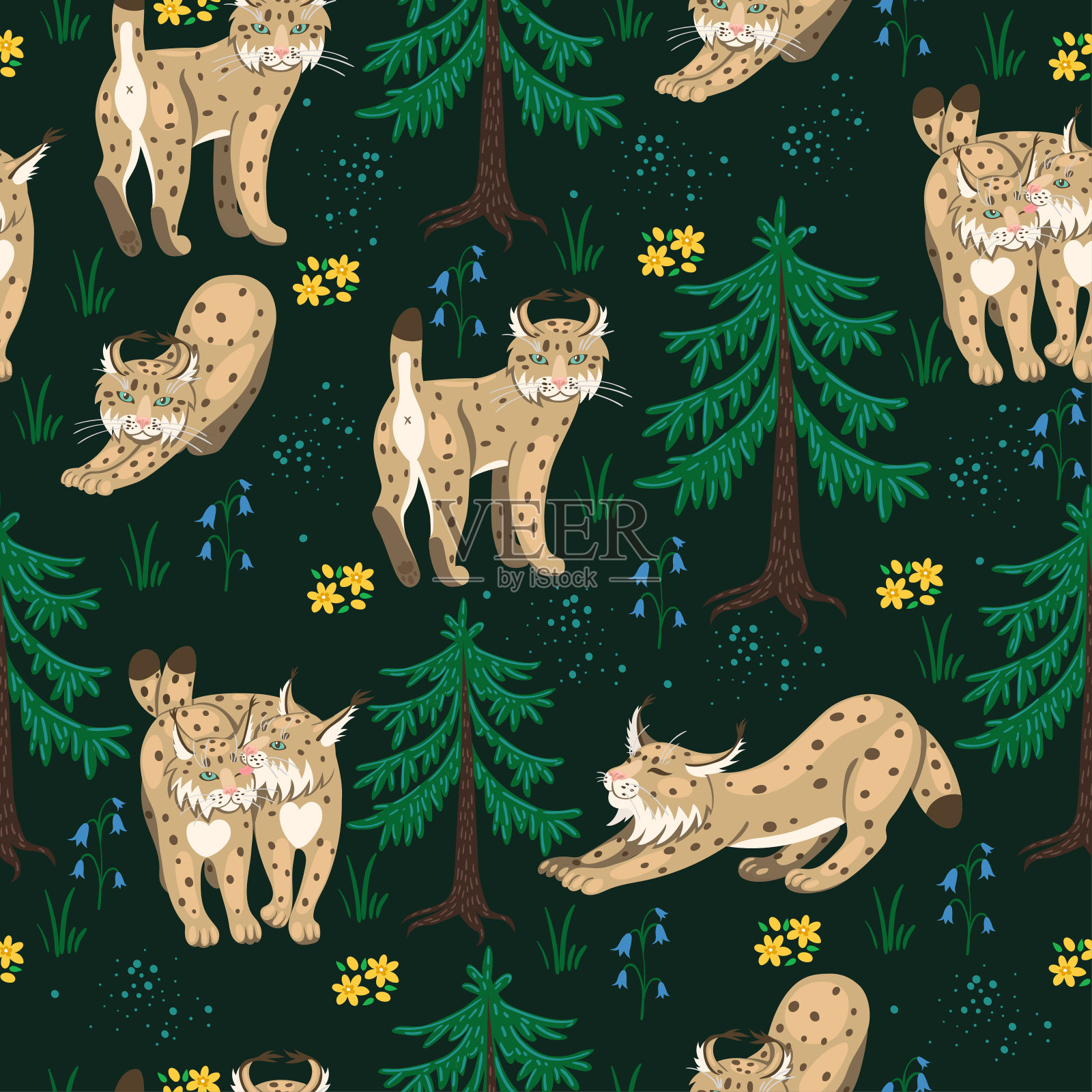 无缝模式与森林里的猞猁。矢量图形。插画图片素材