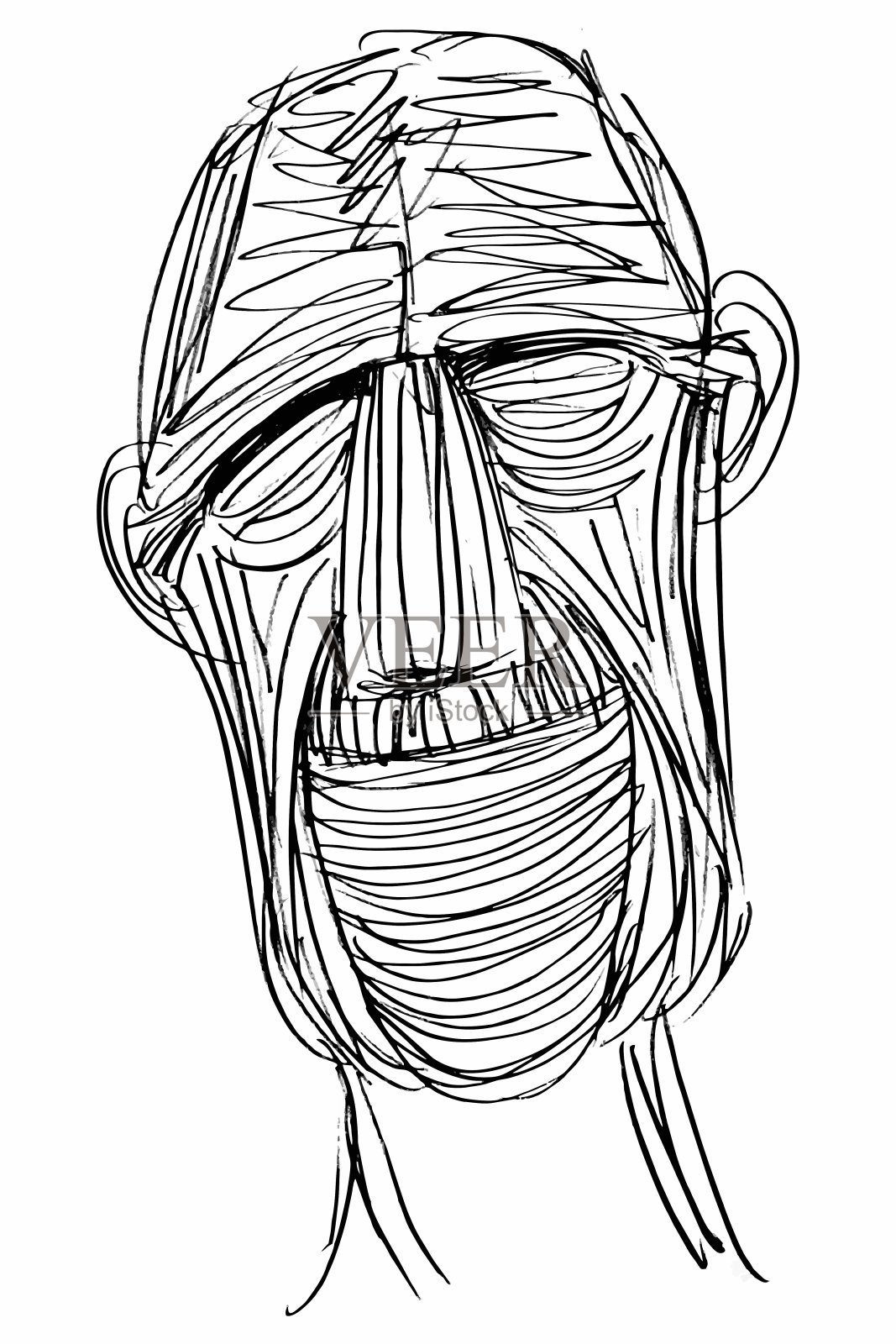 一幅富有表情的脸(老人)的墨画(素描、Hatch Work),质感独特。艺术手动插图转向矢量。插画图片素材