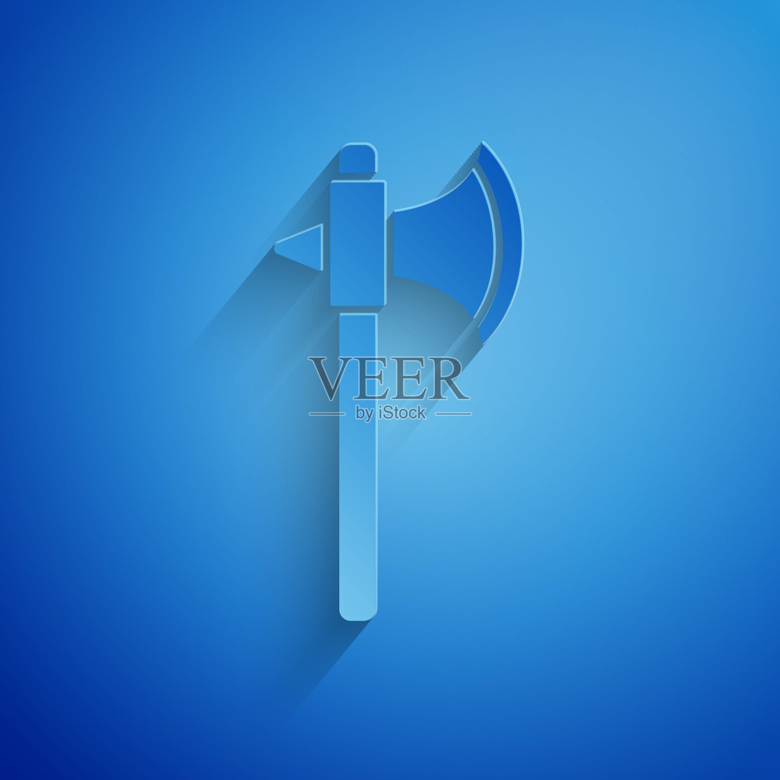 剪纸中世纪斧头图标孤立在蓝色背景。战斧,行刑斧。纸艺术风格。矢量图插画图片素材