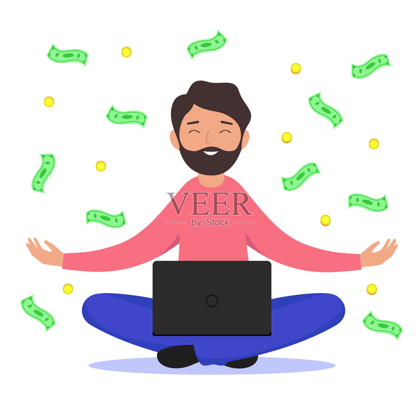 钱落在了拿着笔记本的人身上。钞票和硬币在他的头上打转。大赚一笔。插画图片素材