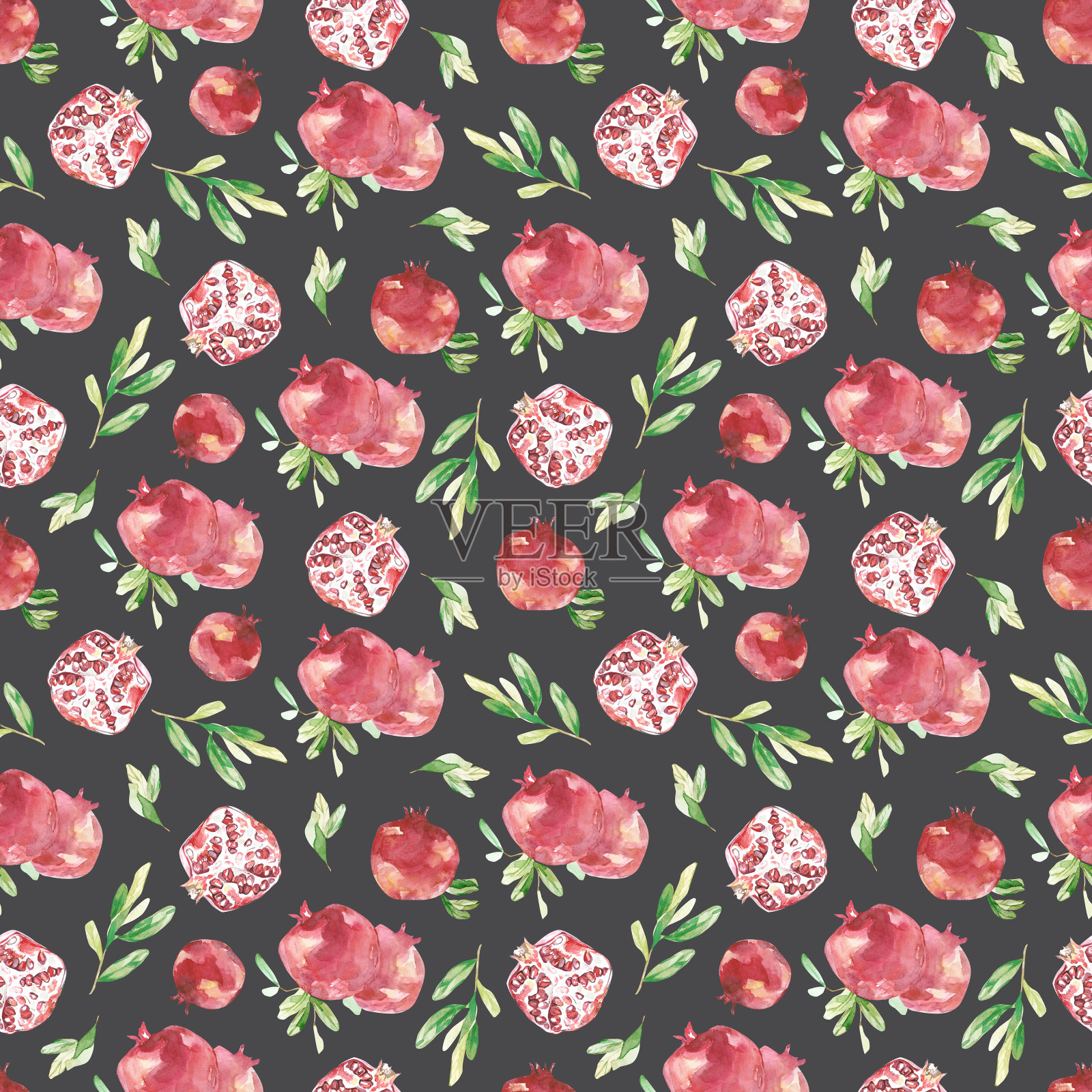 水彩石榴无缝图案。植物纹理美丽,枝叶果实累累。明亮的夏日壁纸设计,宝贝相册,纺织面料db。插画图片素材