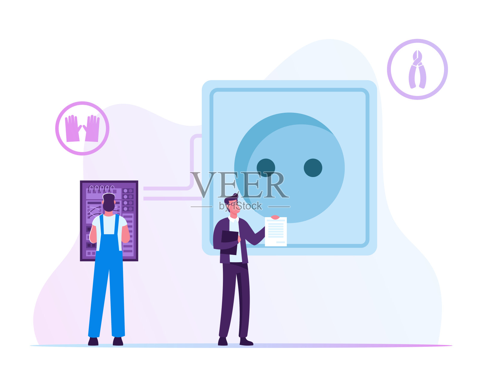 能源和电气安全概念。电工领班穿着长袍和防护手套检查工作通风或测量靠近墙壁插座的仪表盘电压。卡通平面矢量插图插画图片素材