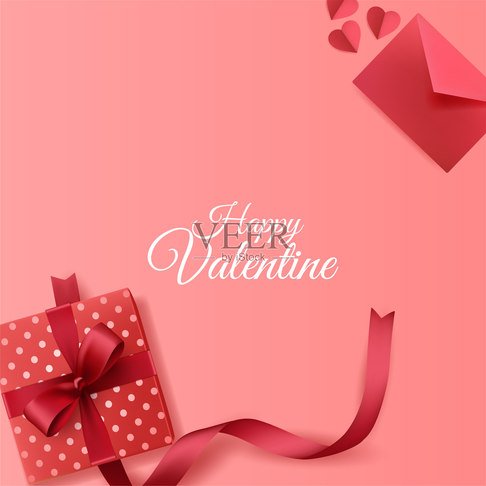 快乐的情人节背景与信封和礼物盒装饰在粉红色的背景插画图片素材