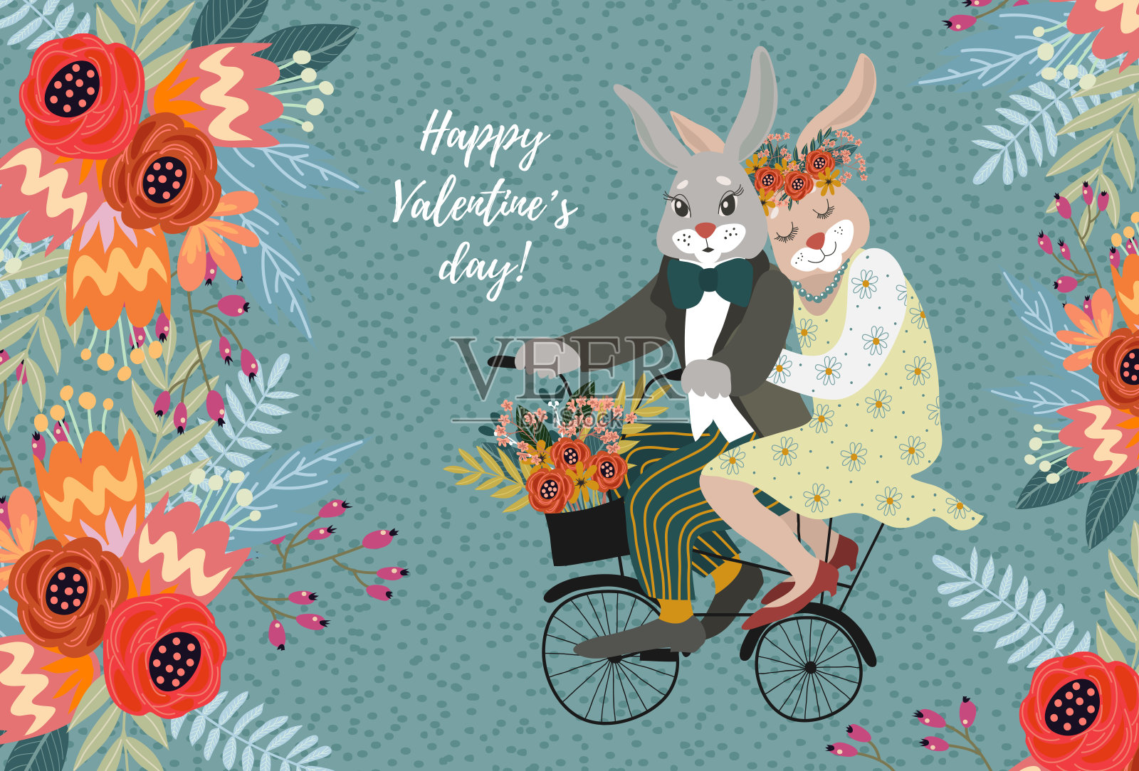 一对兔子在一辆自行车上与一束鲜花相爱。可爱的矢量情人节卡片。插画图片素材