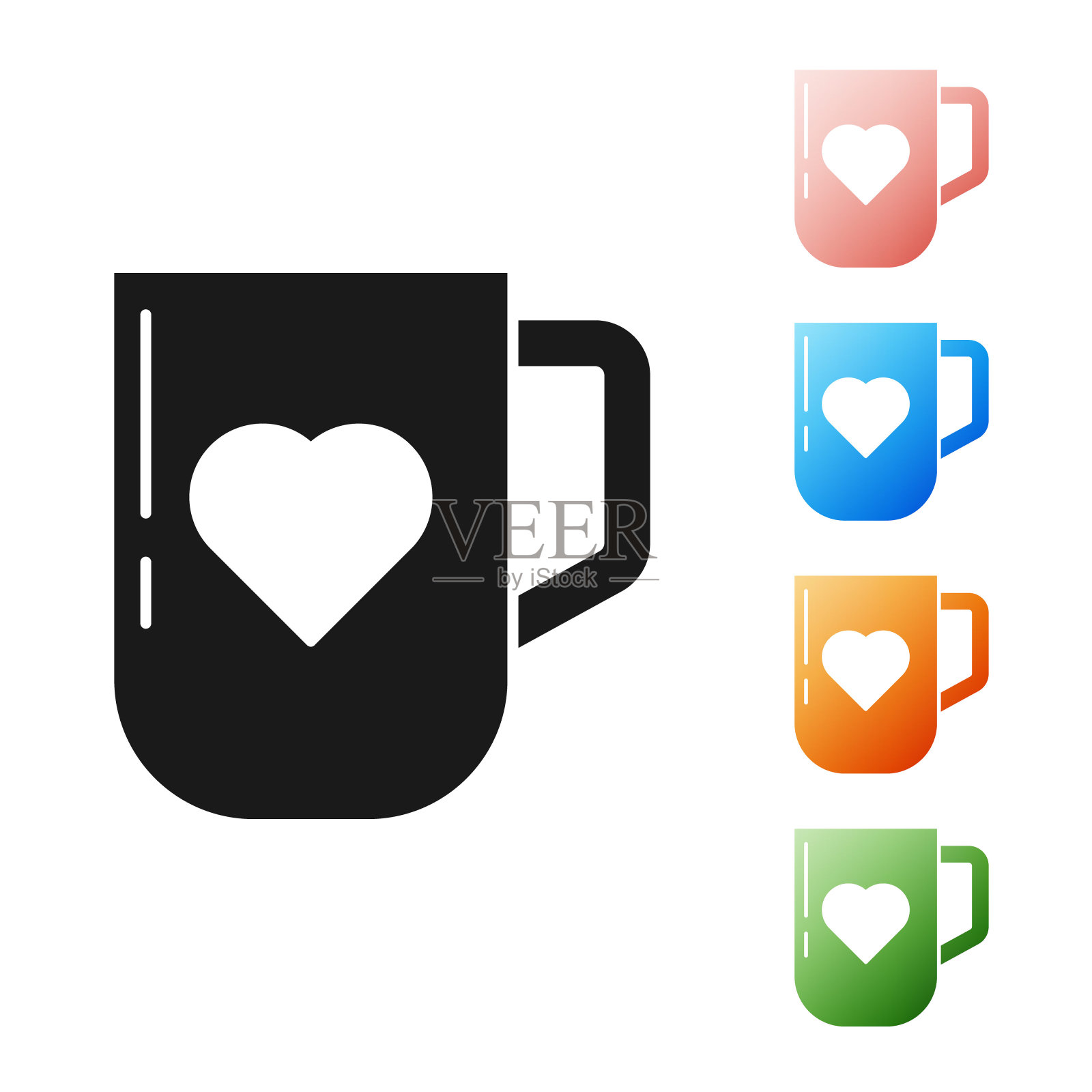 黑咖啡杯和心图标孤立在白色背景。情人节的情侣咖啡。设置图标丰富多彩。矢量图图标素材