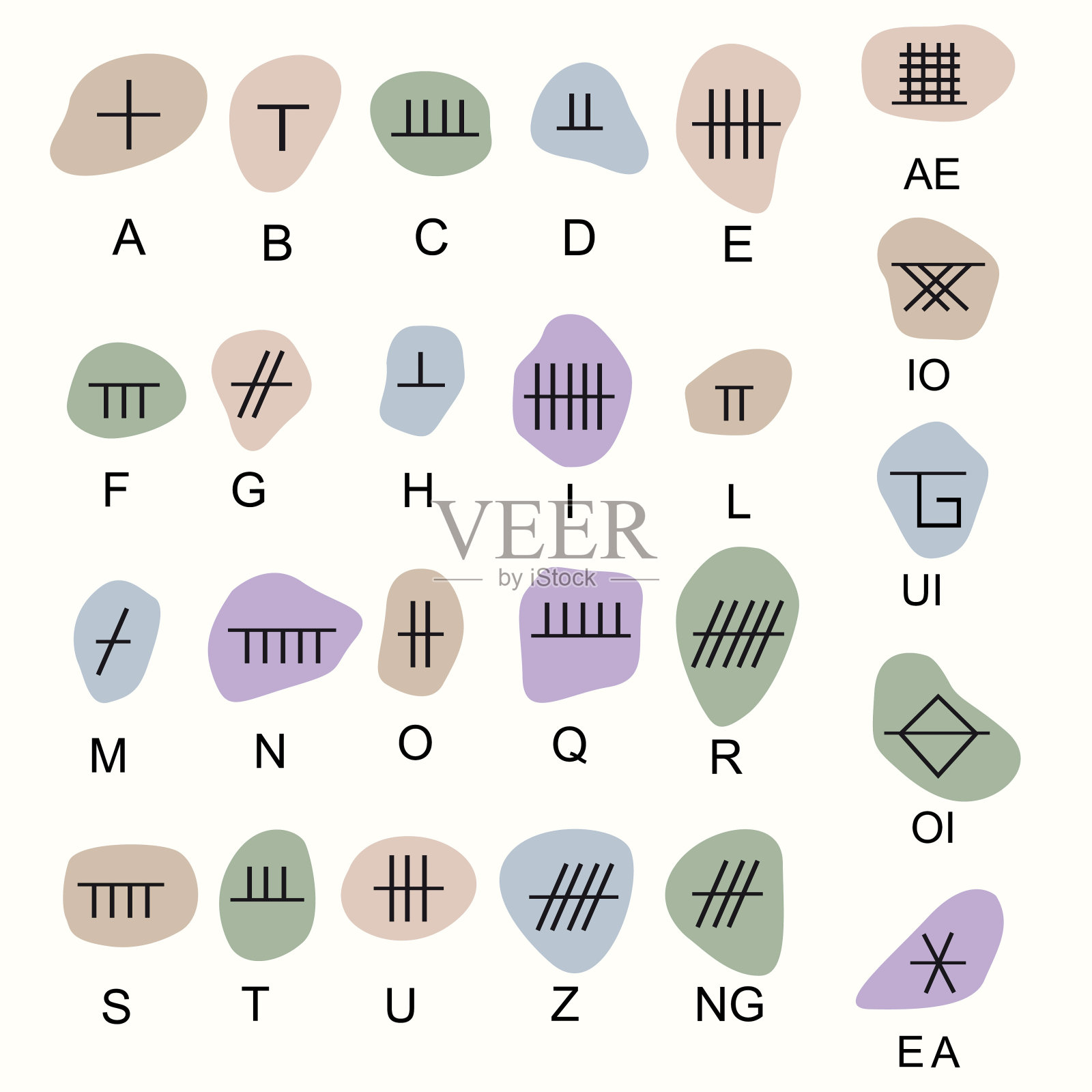 一套古老神圣的凯尔特欧根字母。古老的神秘符号,白色的。矢量插图。插画图片素材