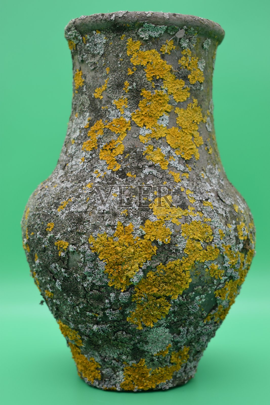 绿色背景上覆盖着霉菌的旧陶罐。照片摄影图片