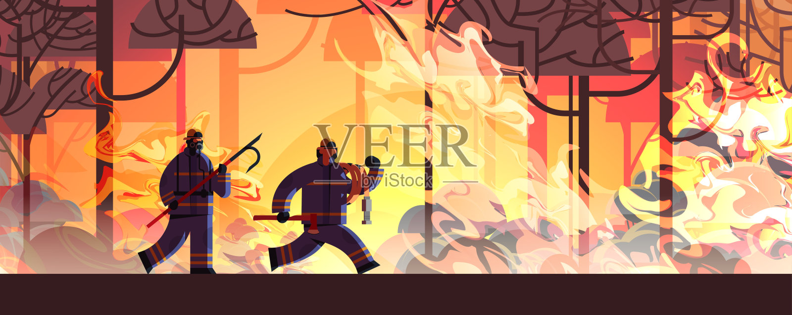 勇敢的消防队员用废斧和水龙带扑灭危险的野火,消防队员与丛林大火搏斗,扑灭自然灾害概念强烈的橙色火焰水平插画图片素材