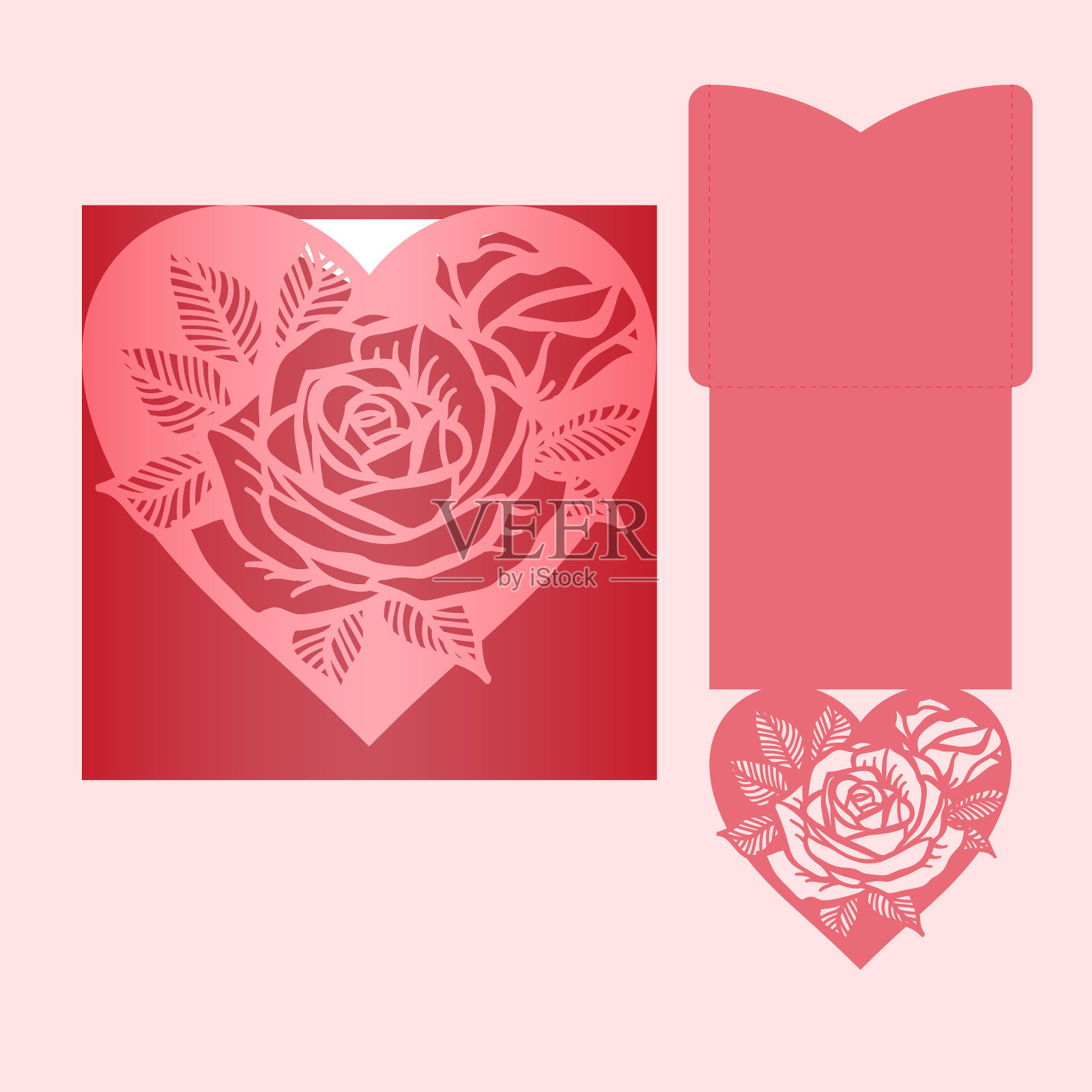 激光切口袋信封与玫瑰图案。切割的模板。婚礼邀请或情人节贺卡模型与花边心。插画图片素材