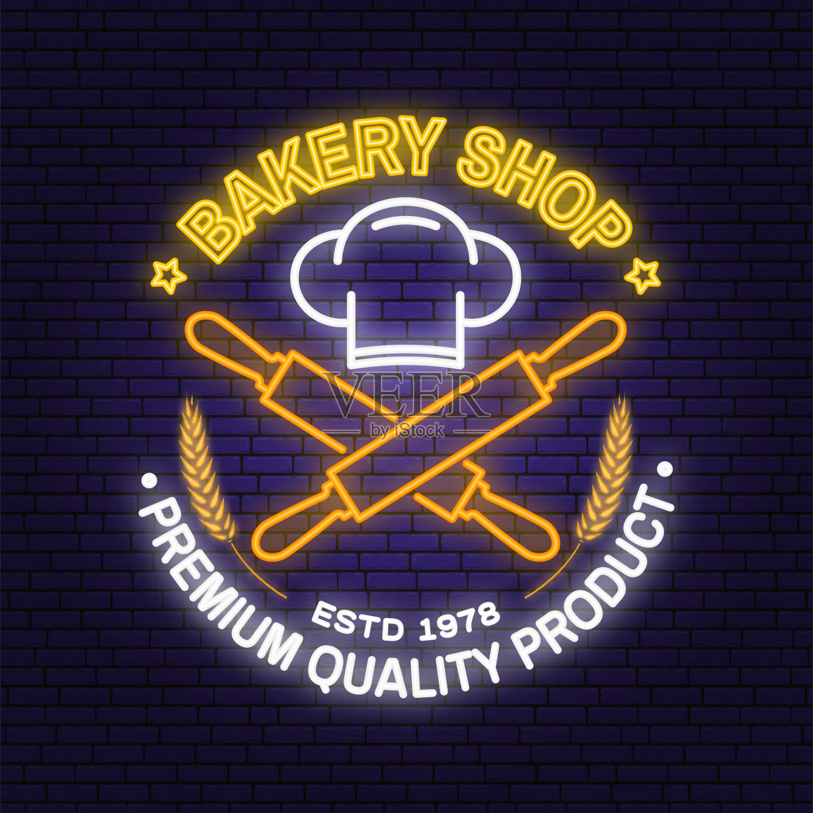 面包店霓虹亮堂招牌,灯光横幅。向量。概念徽章,衬衫,标签。霓虹灯排版设计与厨师帽,文字,滚动大头针剪影。餐厅标识模板插画图片素材