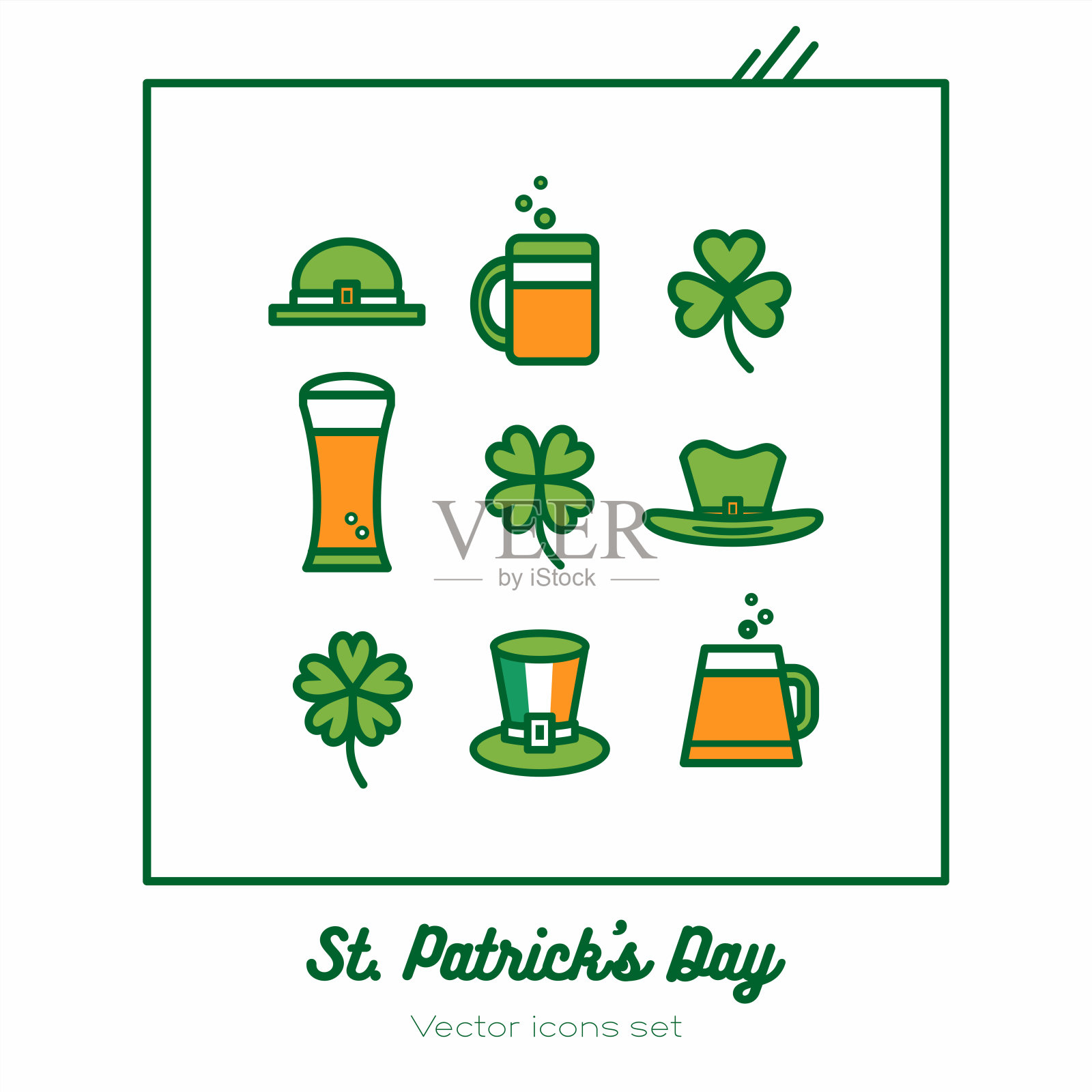 圣帕特里克日矢量图标集。绿色橙色线艺术平面图标的标志,标志,按钮。极简派翠克节插画图片素材