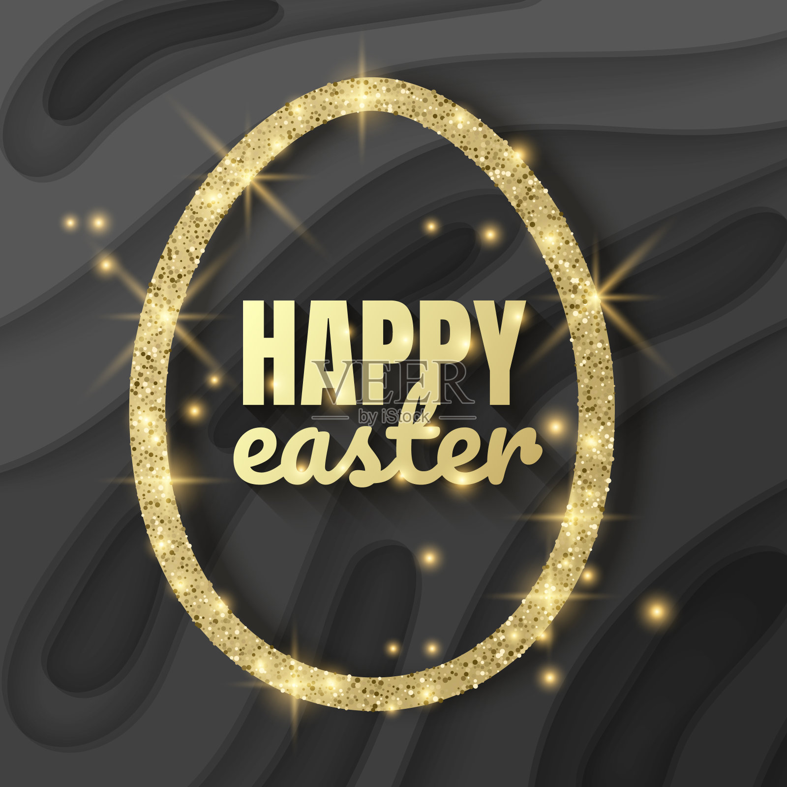 复活节贺卡快乐。剪纸背景与金色闪光的框架,节日的黑暗背景。设计模板素材