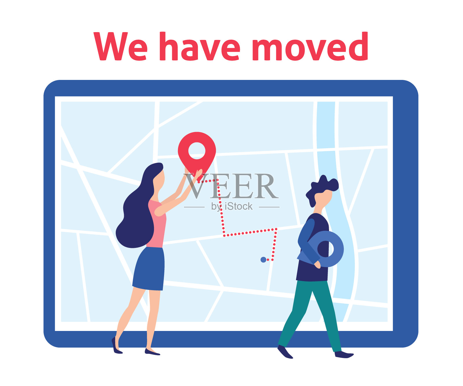 我们有感动。女人和男人在地图上贴着标签。新地址。矢量图插画图片素材