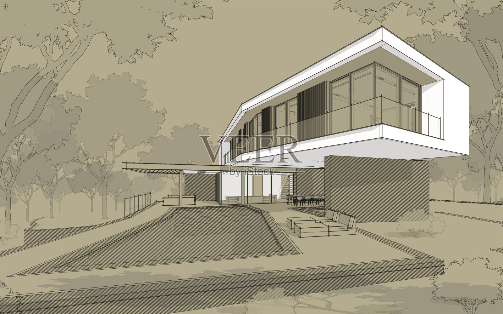 山丘现代住宅泳池黑色线条牛皮纸背景3D渲染照片摄影图片