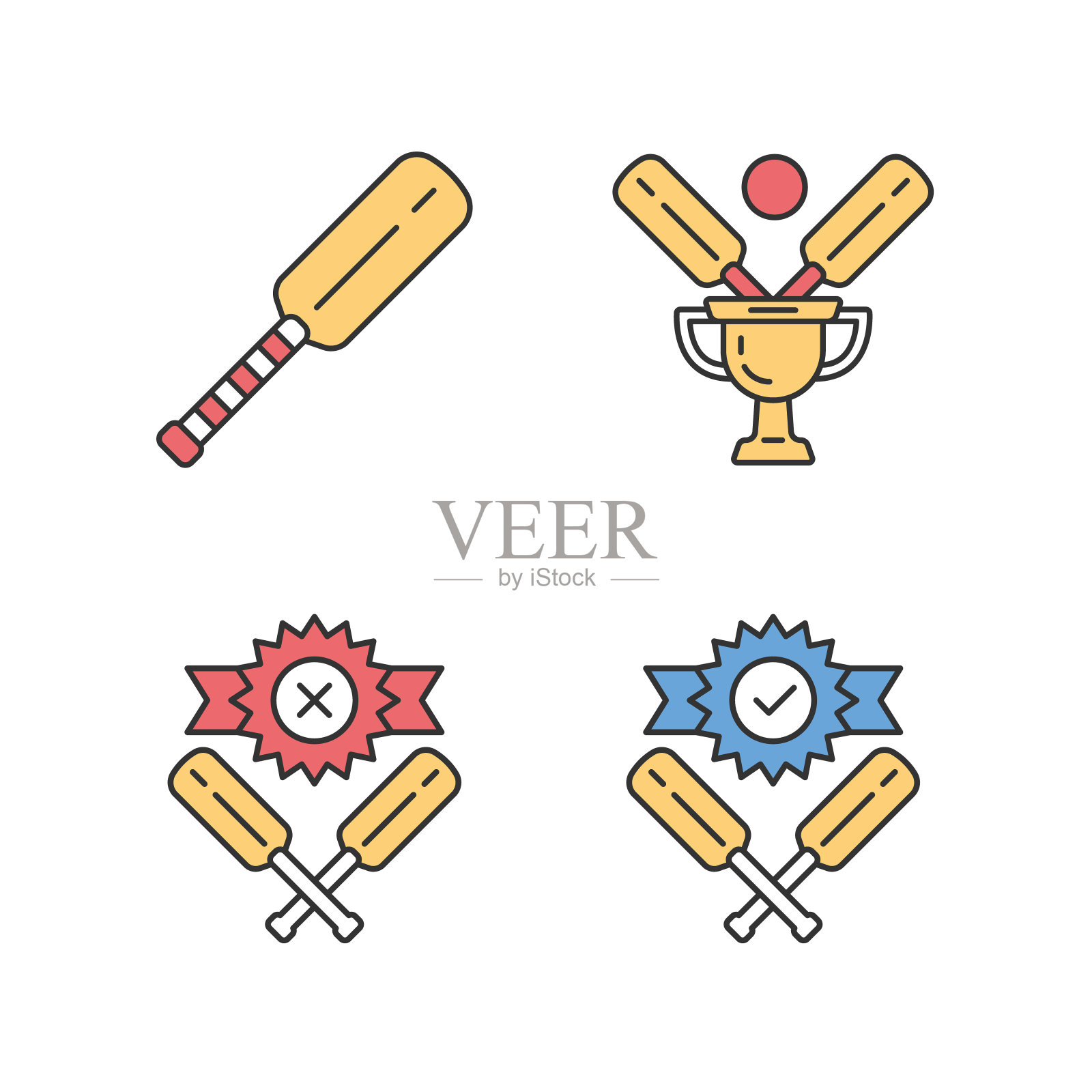板球锦标赛颜色图标集。体育比赛。球棒,冠军奖杯,胜利,失败。俱乐部的战斗。联盟的竞争。体育比赛。球拍和球类比赛。孤立的矢量插图图标素材