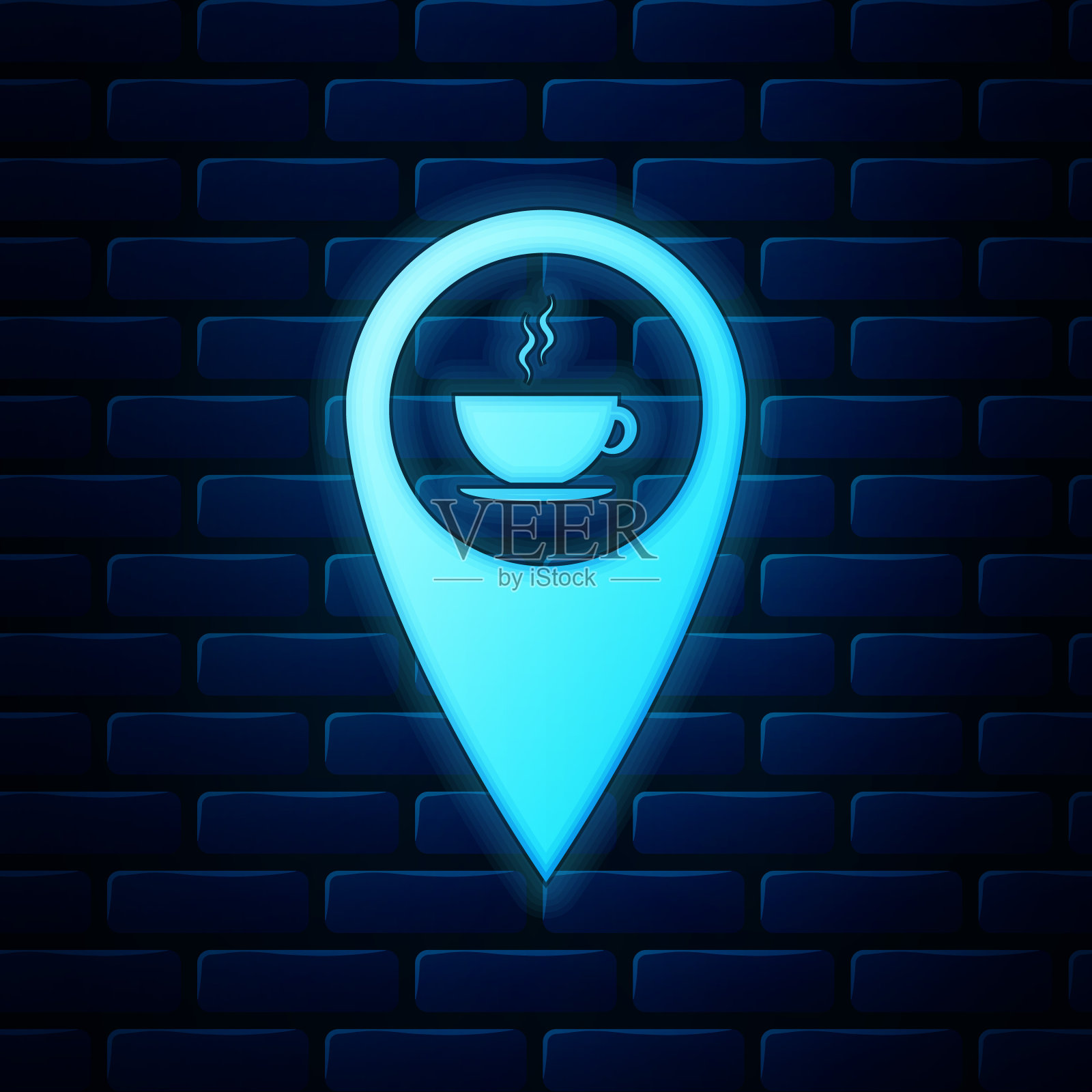 发光的霓虹灯地图指针与热咖啡杯图标隔离在砖墙的背景。矢量图插画图片素材
