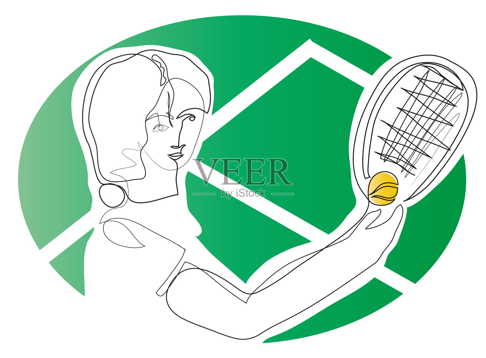 一幅连续的女网球运动员的线条画。插画图片素材