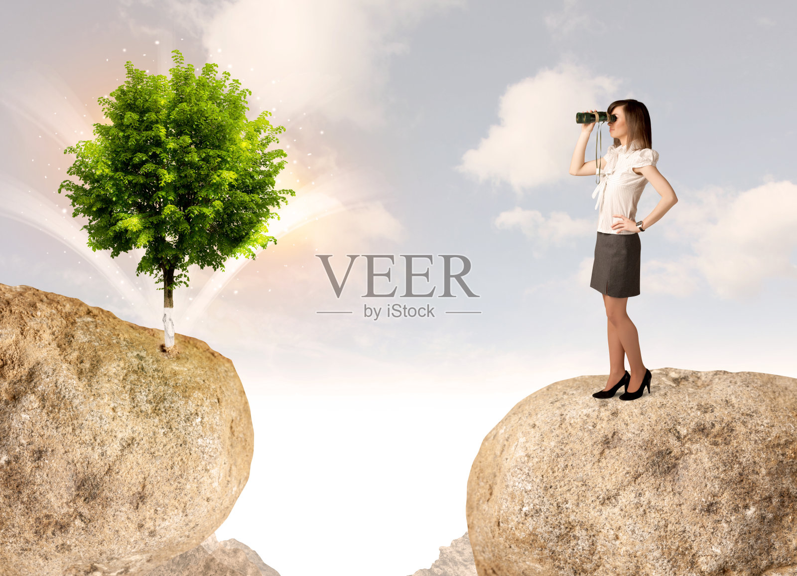 在有树的岩山上的女商人照片摄影图片