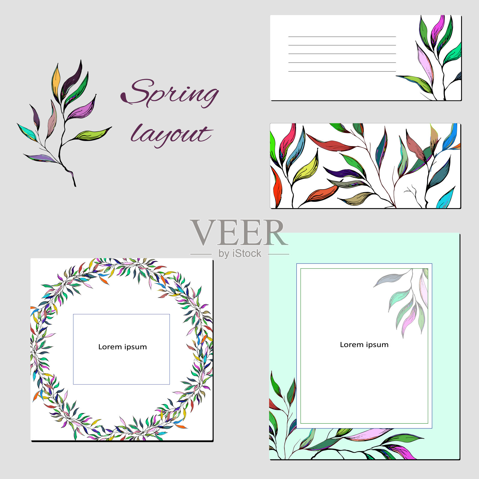 具有轮廓叶多色图案的企业形象模板。有趣的彩绘装饰测试框。插画图片素材