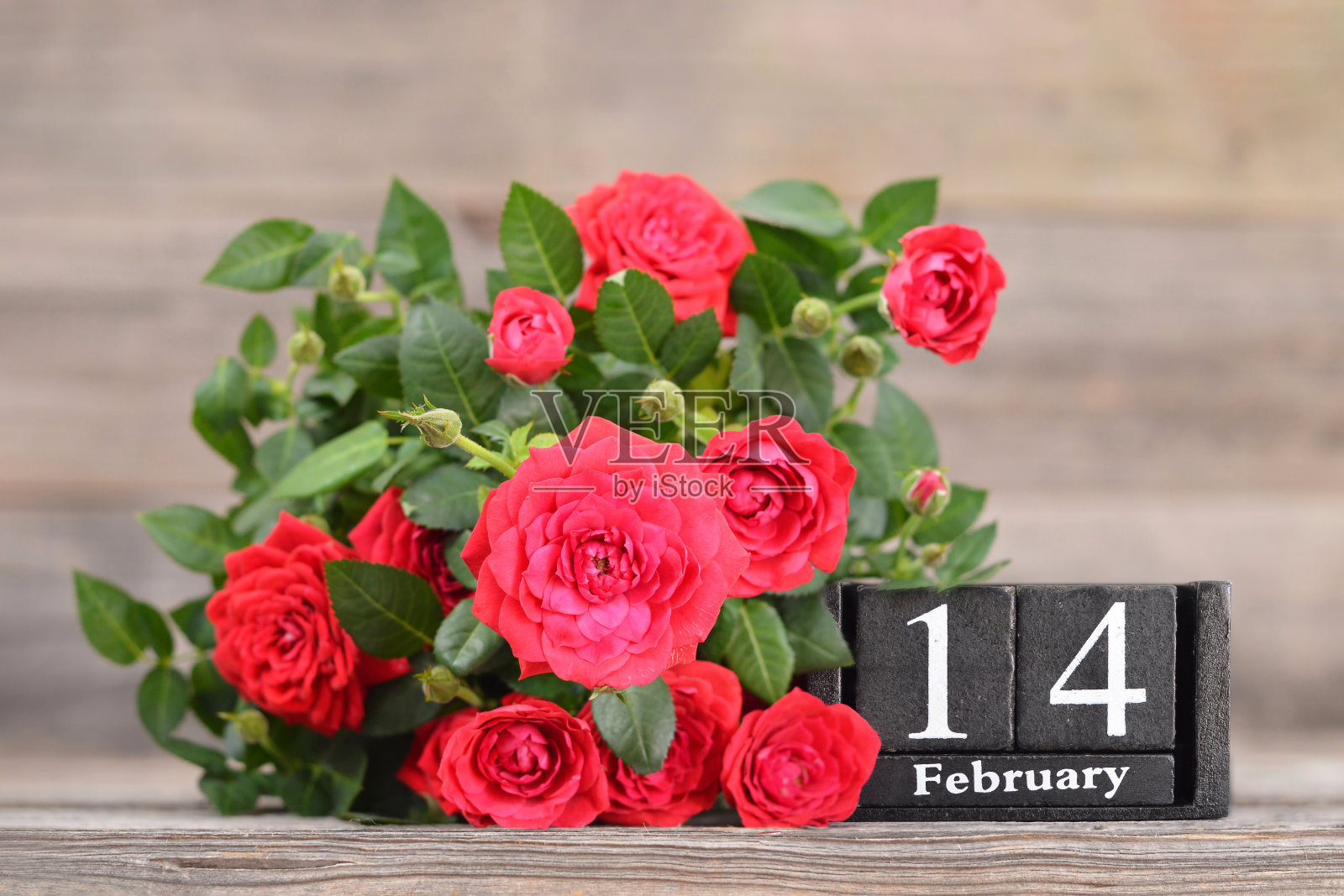 情人节卡片。一束红玫瑰和木制日历照片摄影图片