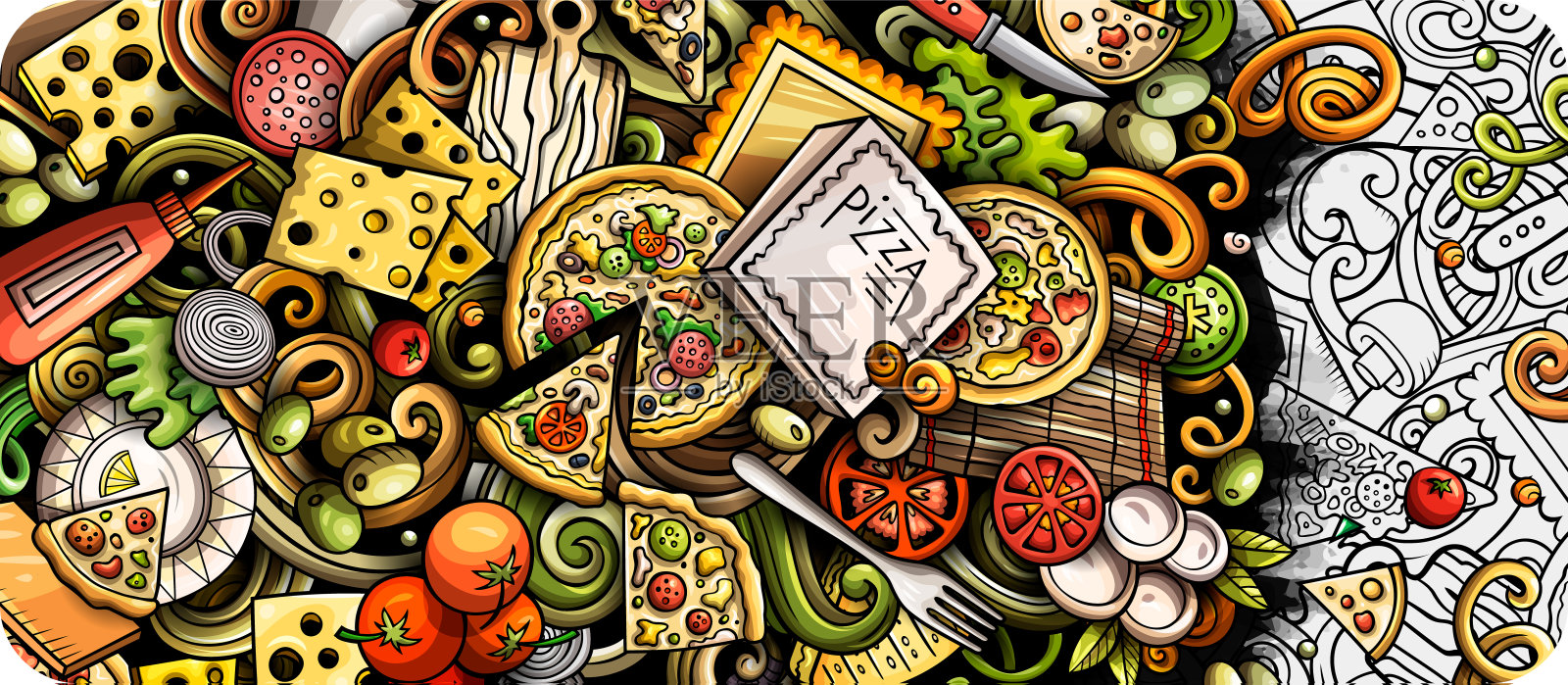 披萨手绘涂鸦横幅。卡通详细的传单。插画图片素材